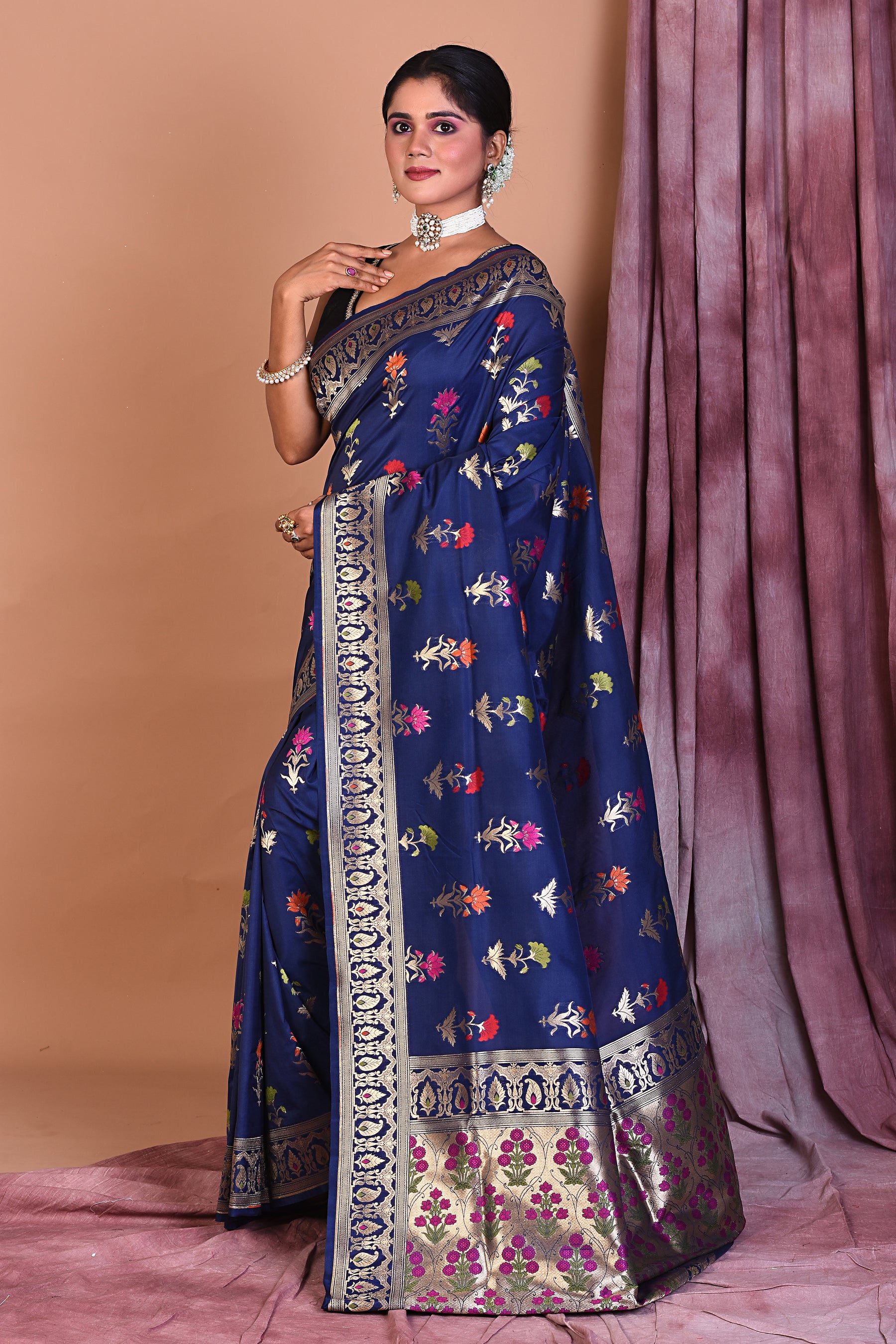 Navy Blue Semi Katan Saree with Floral Work - Keya Seth Exclusive