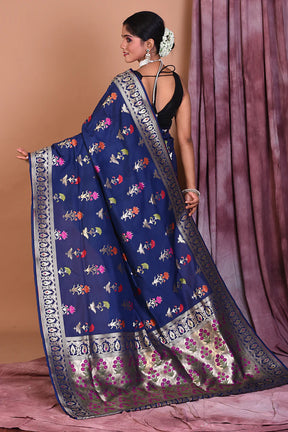 Navy Blue Semi Katan Saree with Floral Work - Keya Seth Exclusive
