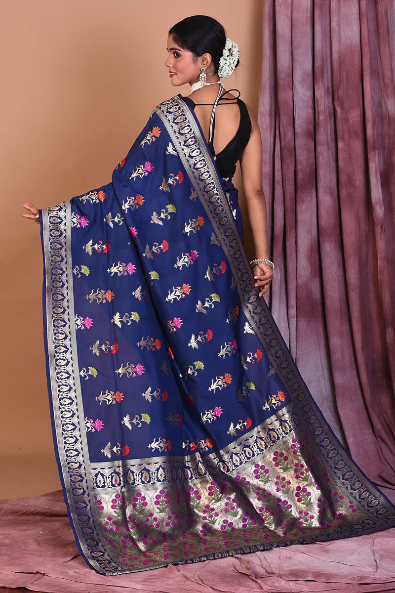 Navy Blue Semi Katan Saree with Floral Work - Keya Seth Exclusive