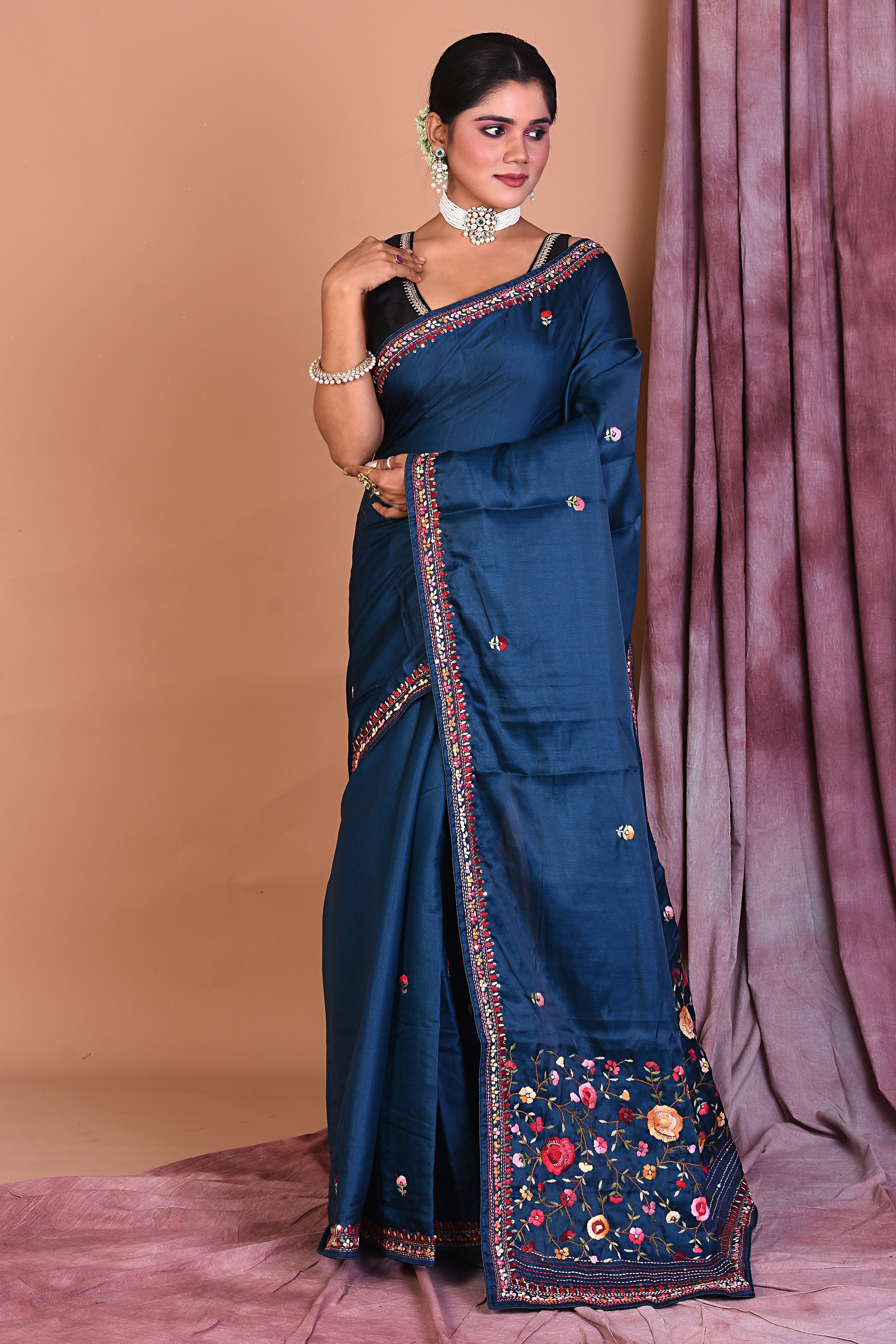 Deep Blue Satin Silk Saree with Threadwork - Keya Seth Exclusive