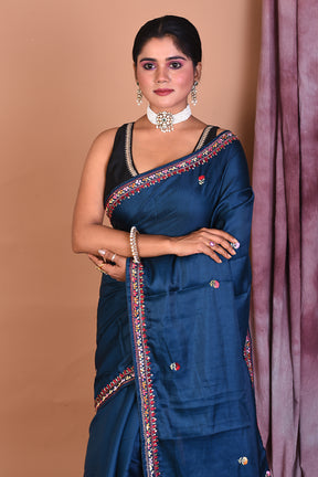 Deep Blue Satin Silk Saree with Threadwork - Keya Seth Exclusive