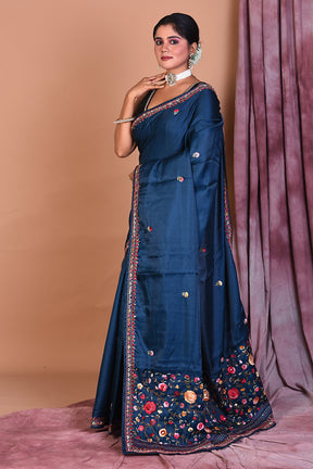 Deep Blue Satin Silk Saree with Threadwork - Keya Seth Exclusive