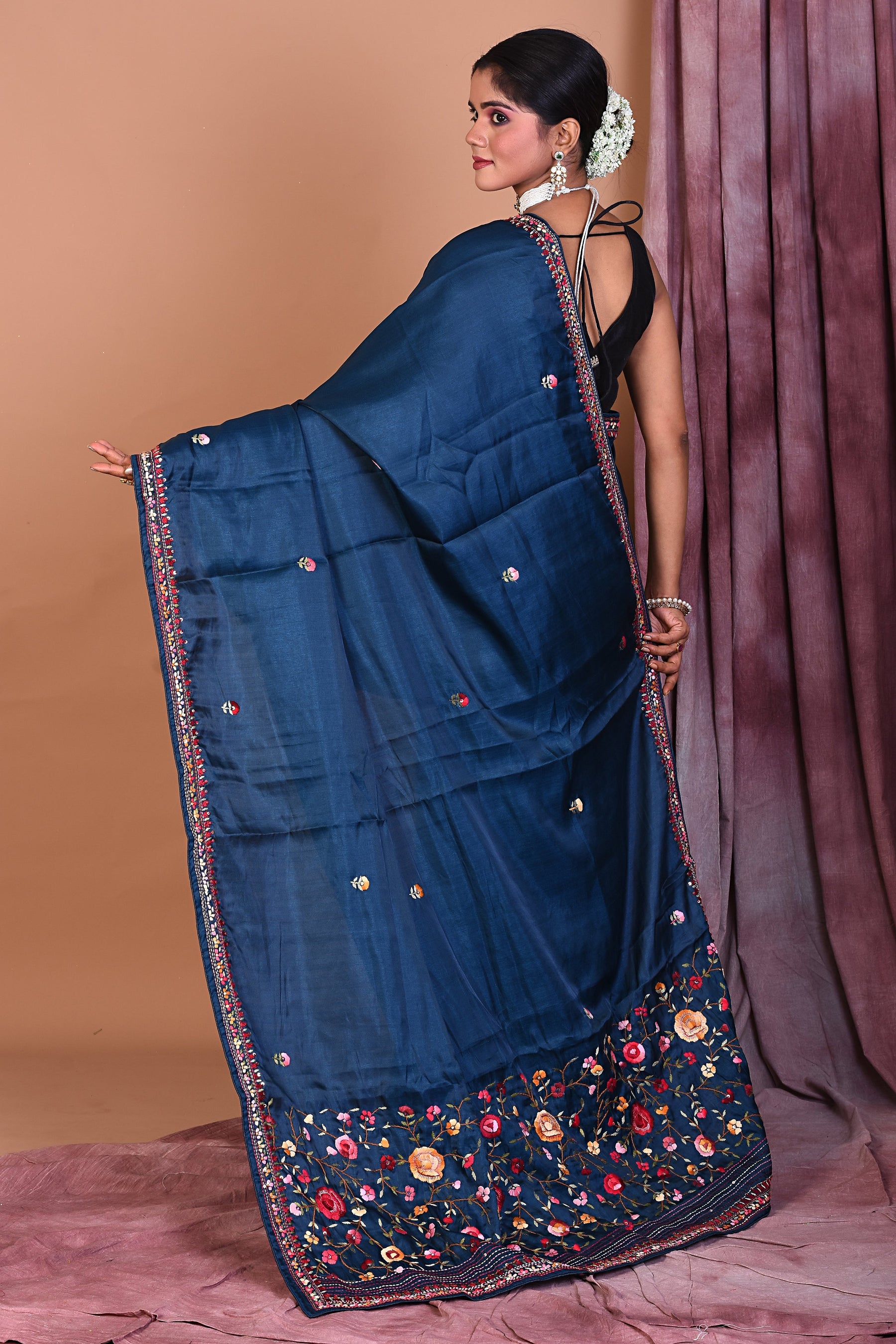 Deep Blue Satin Silk Saree with Threadwork - Keya Seth Exclusive