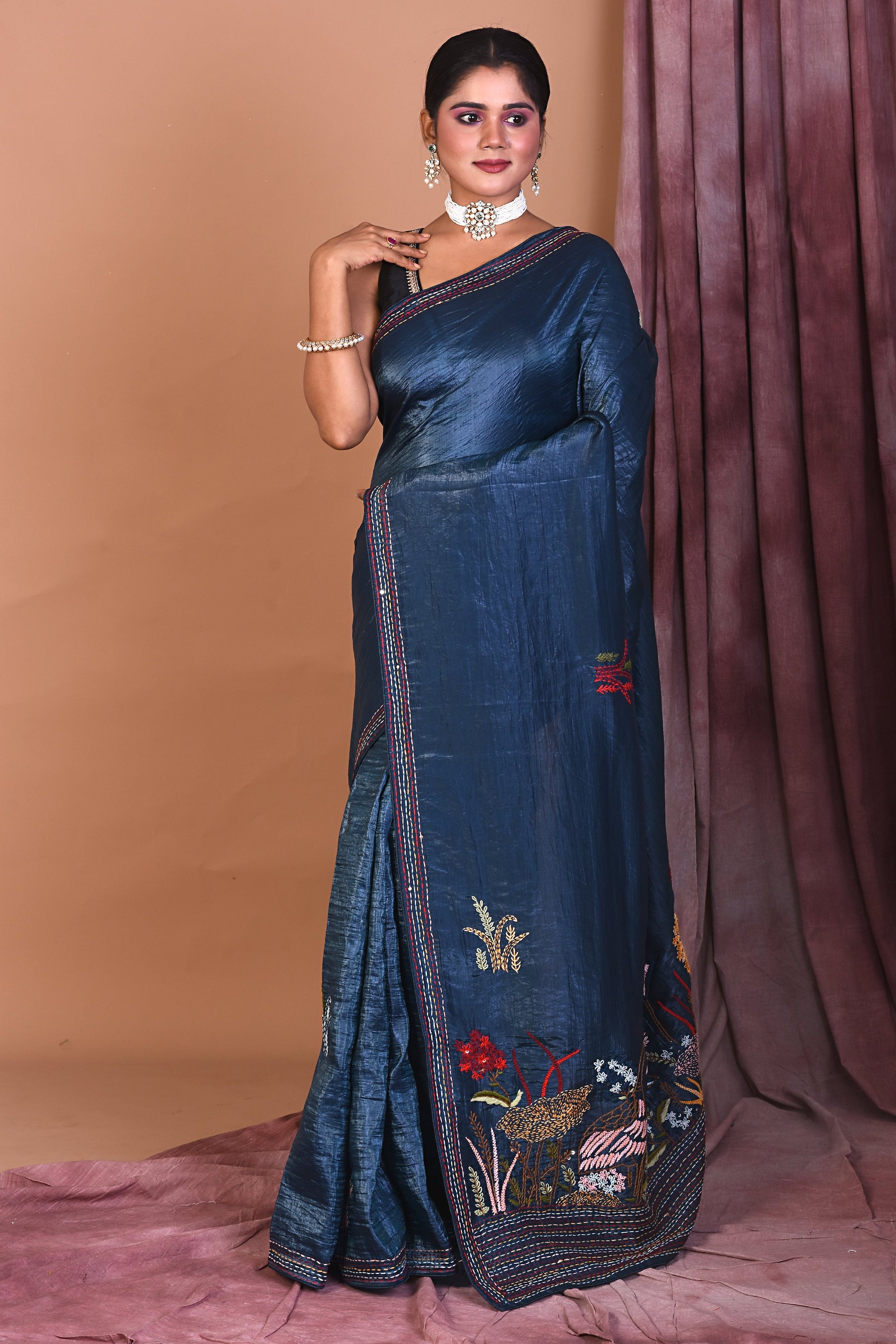 Deep Blue Satin Silk Saree with Threadwork - Keya Seth Exclusive