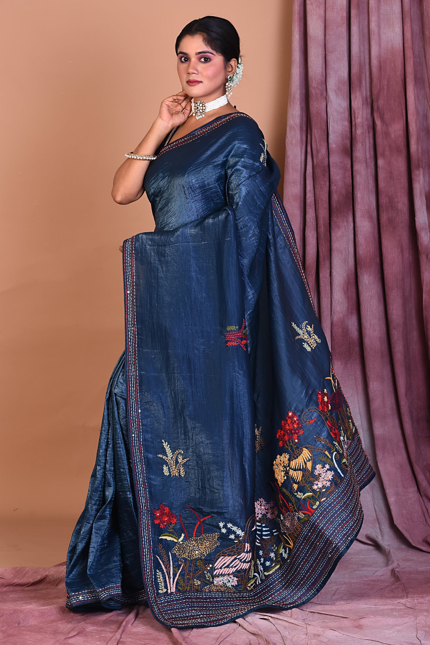 Deep Blue Satin Silk Saree with Threadwork - Keya Seth Exclusive