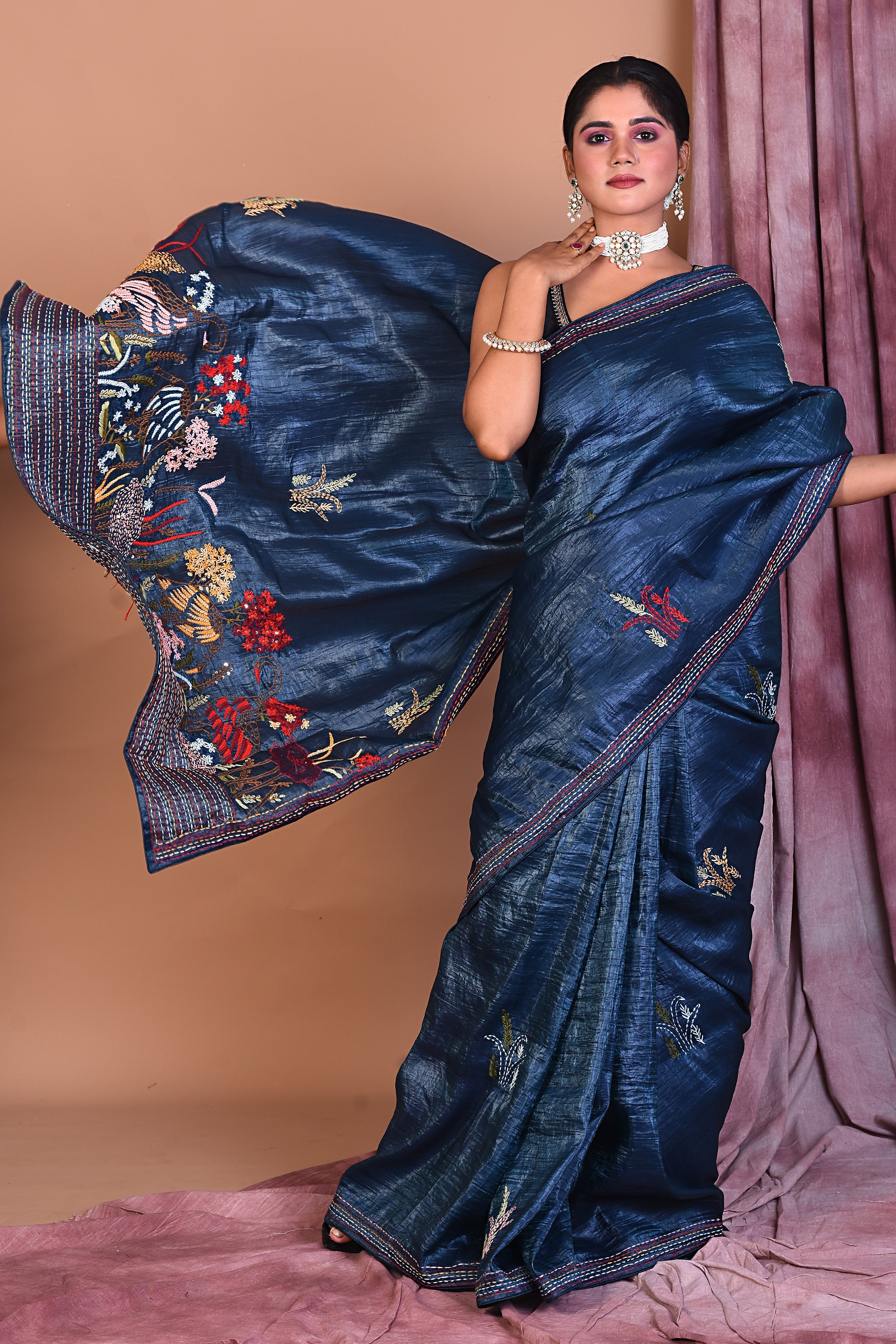 Deep Blue Satin Silk Saree with Threadwork - Keya Seth Exclusive