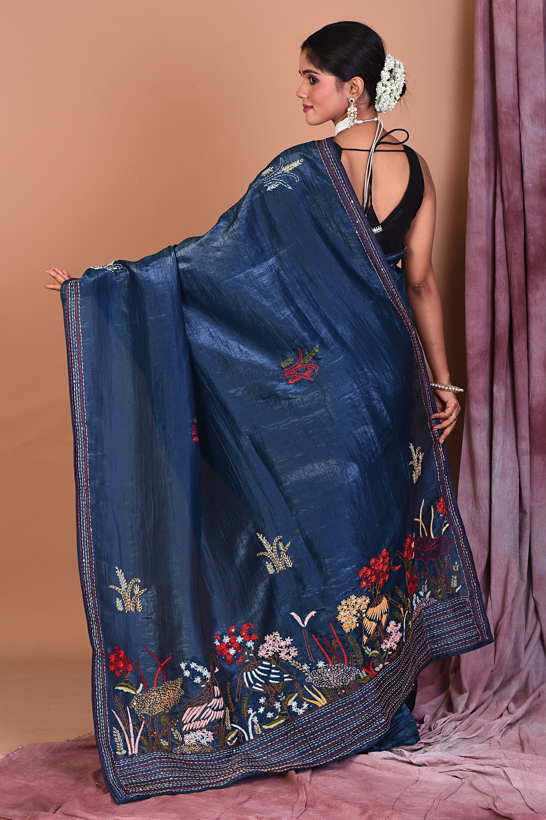 Deep Blue Satin Silk Saree with Threadwork - Keya Seth Exclusive