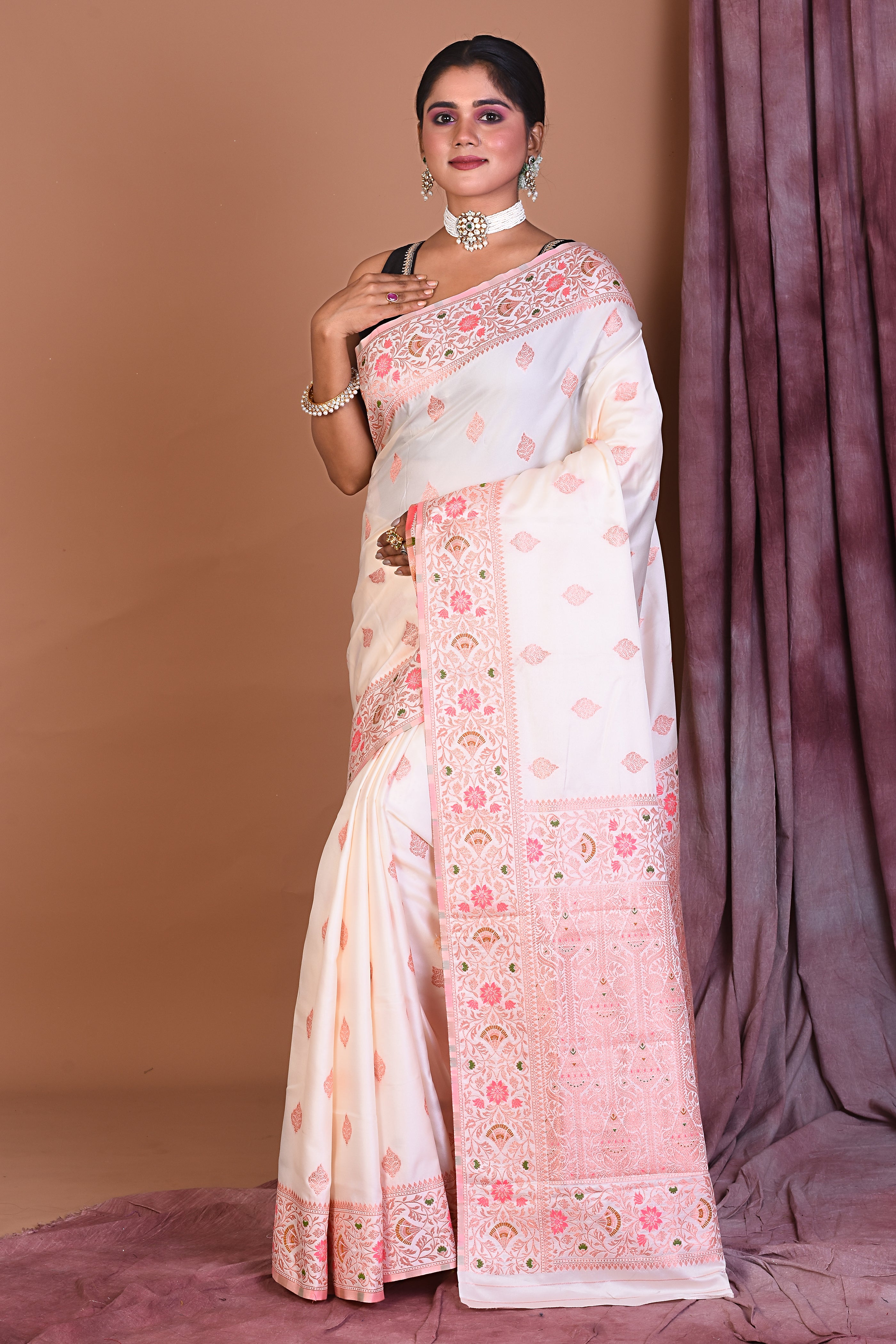 White Blended Katan Saree with Floral Work - Keya Seth Exclusive