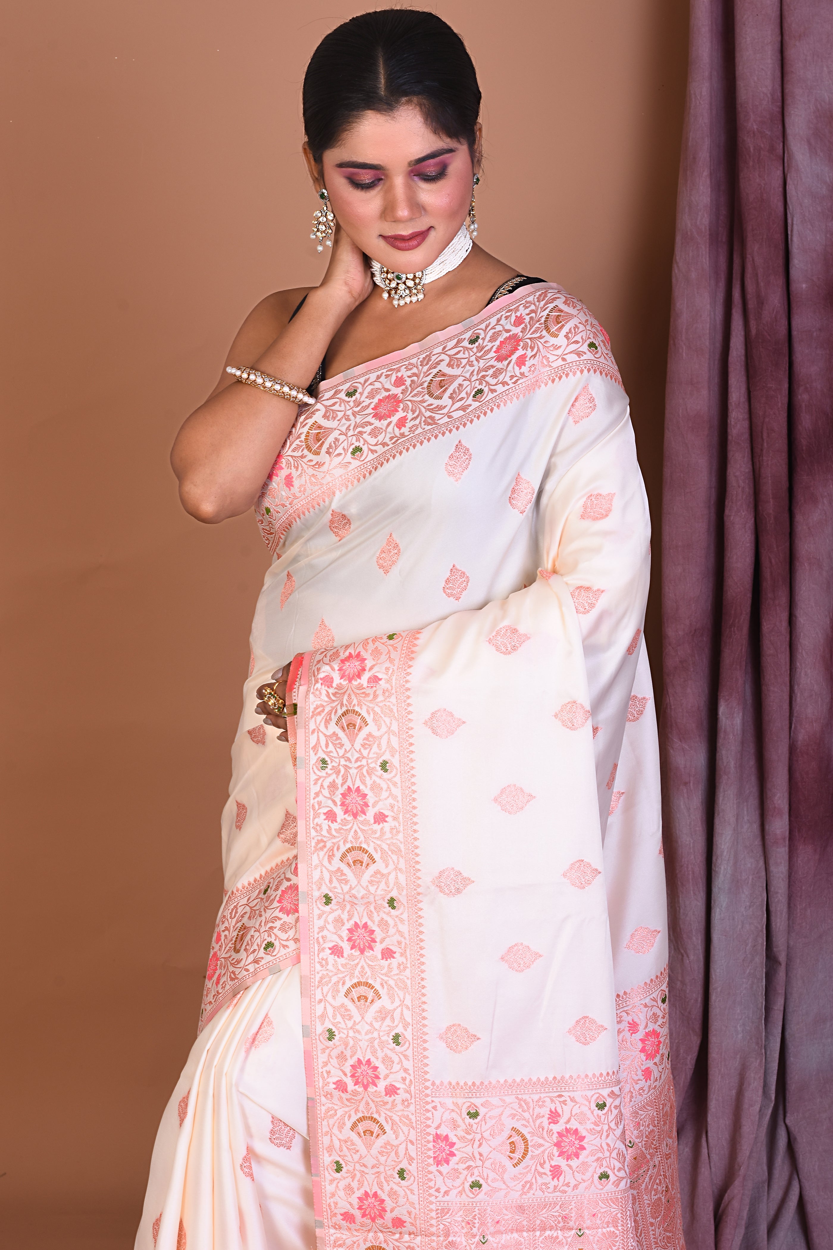 White Blended Katan Saree with Floral Work - Keya Seth Exclusive