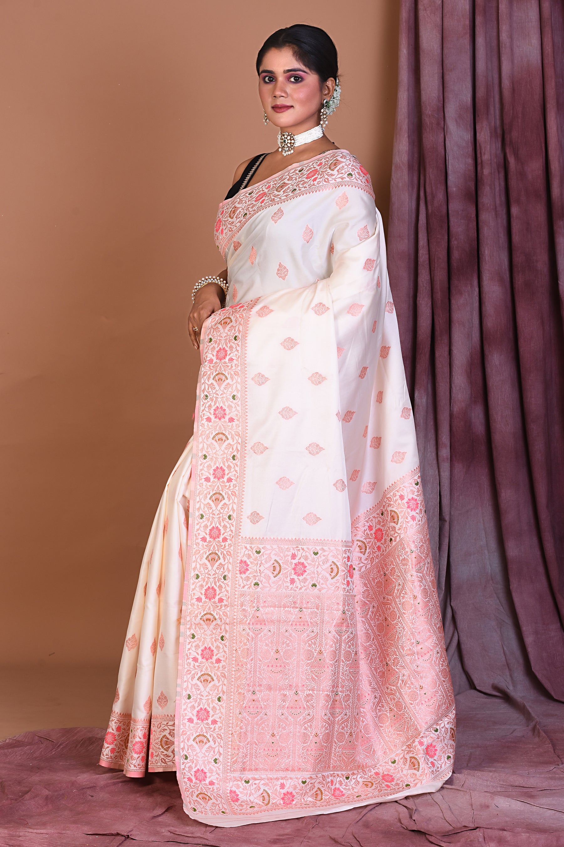 White Blended Katan Saree with Floral Work - Keya Seth Exclusive