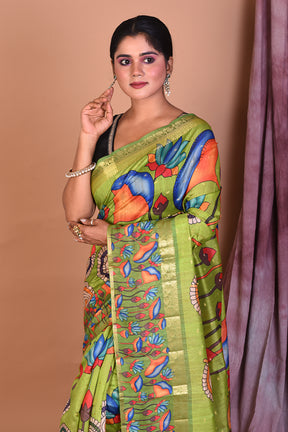 Green Printed Paper Silk with Golden Zari - Keya Seth Exclusive