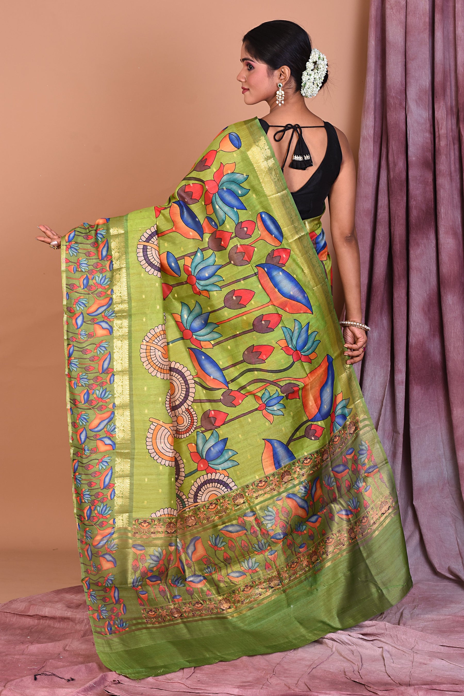 Green Printed Paper Silk with Golden Zari - Keya Seth Exclusive