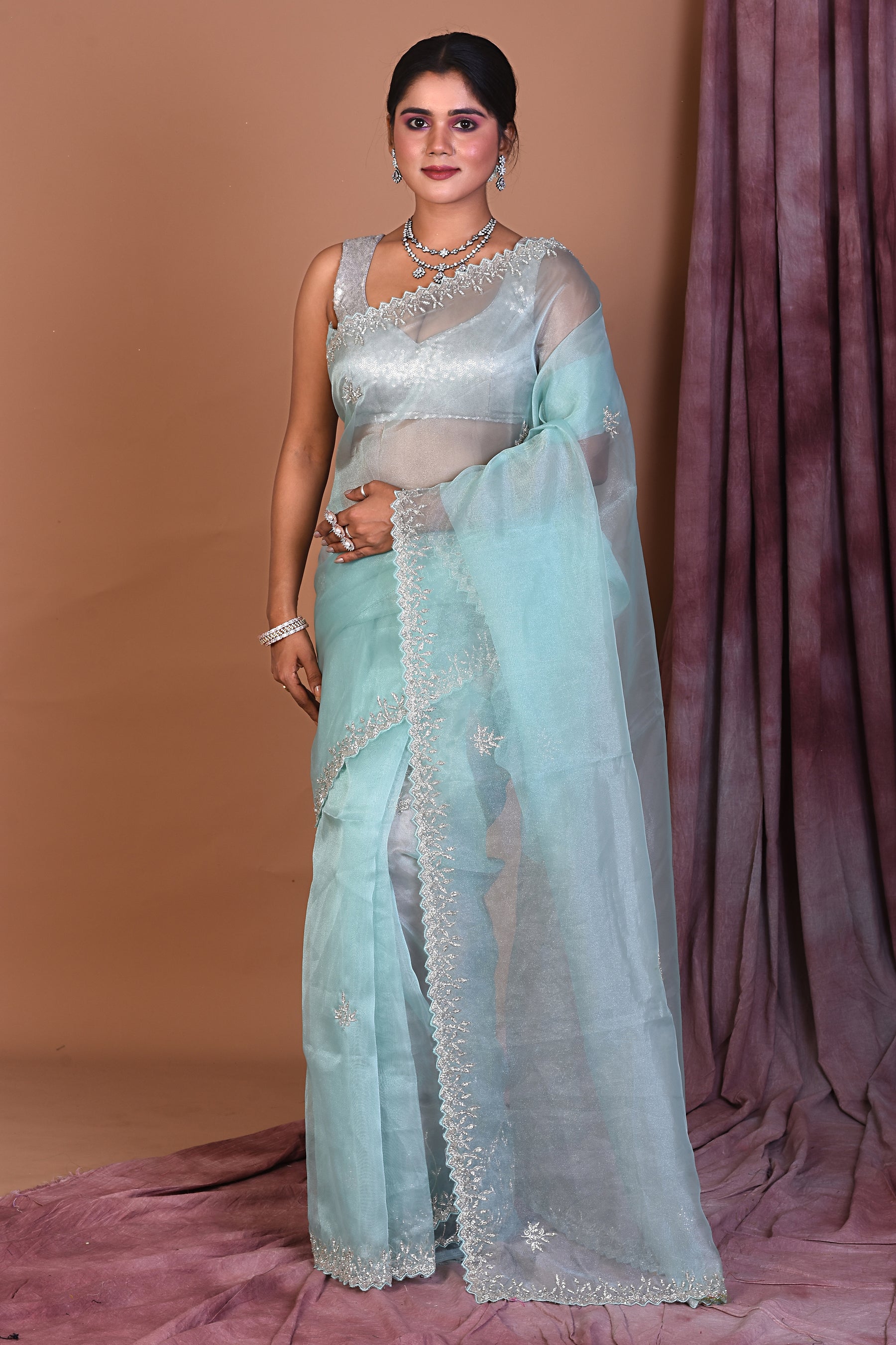 Sea Green Jimmy Choo Saree with Stonework - Keya Seth Exclusive