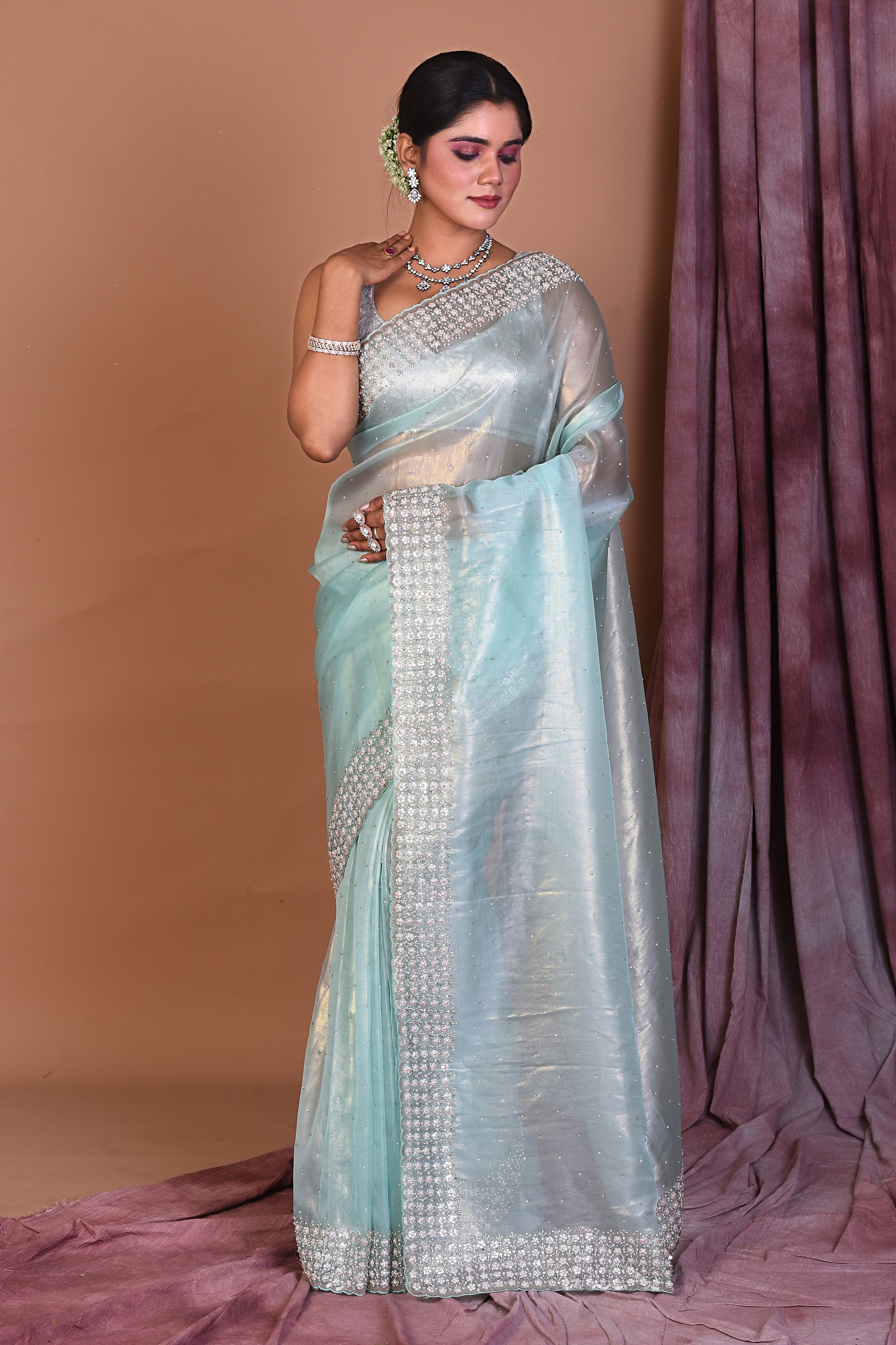 Sea Green Jimmy Choo Saree with Stonework - Keya Seth Exclusive