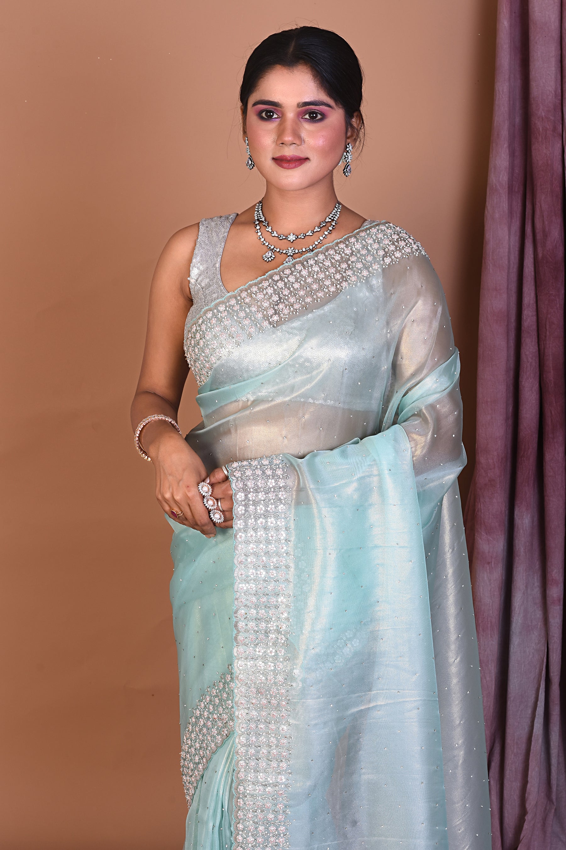 Sea Green Jimmy Choo Saree with Stonework - Keya Seth Exclusive