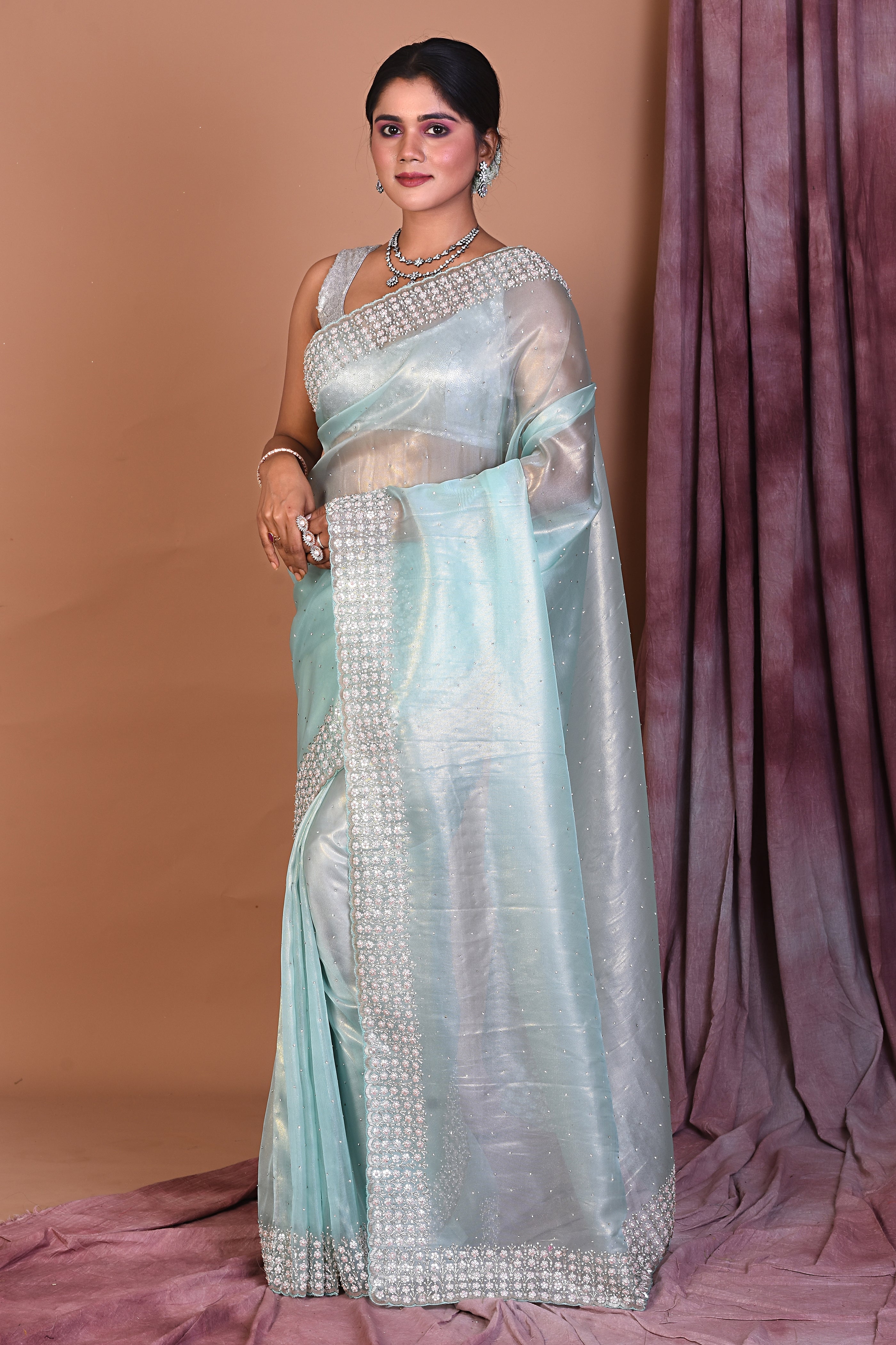 Sea Green Jimmy Choo Saree with Stonework - Keya Seth Exclusive