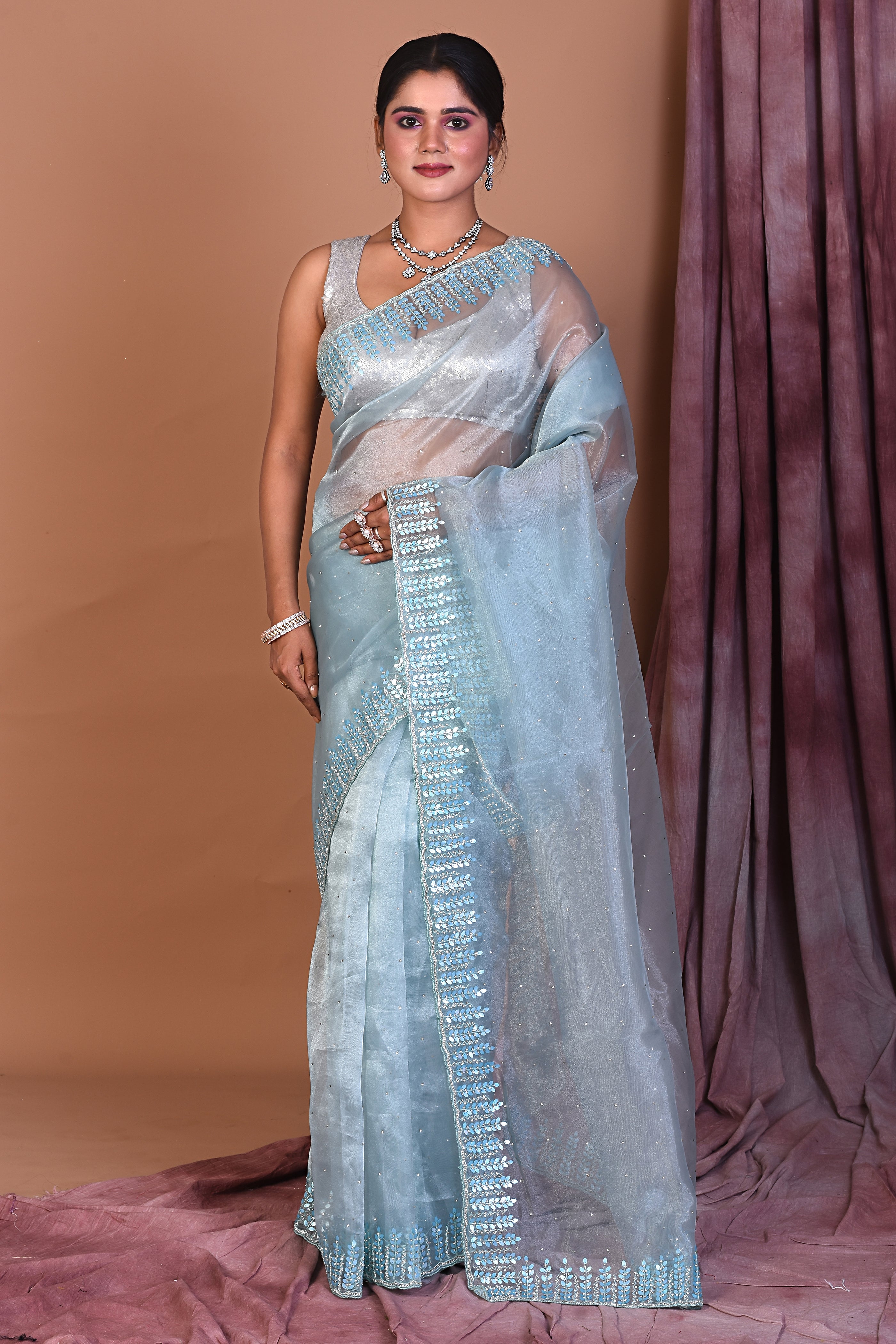 Sky Blue Jimmy Choo Saree with Stonework - Keya Seth Exclusive