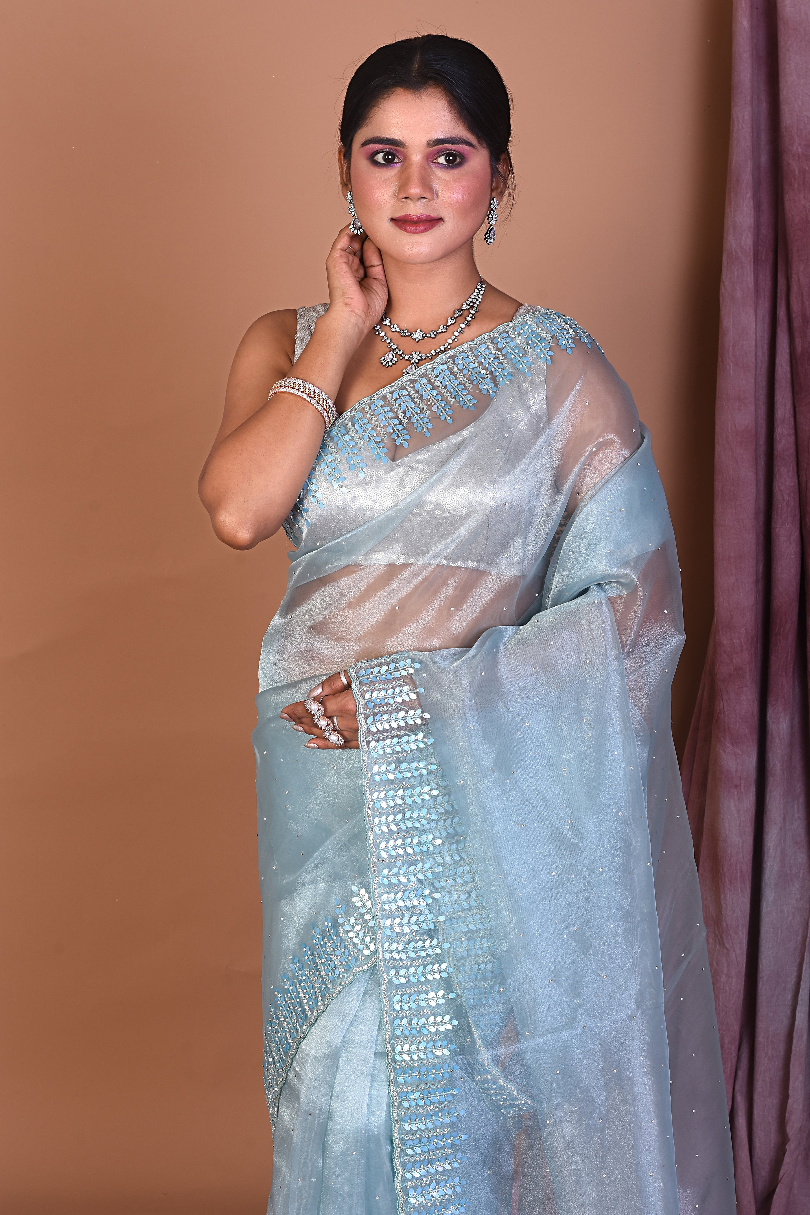 Sky Blue Jimmy Choo Saree with Stonework - Keya Seth Exclusive