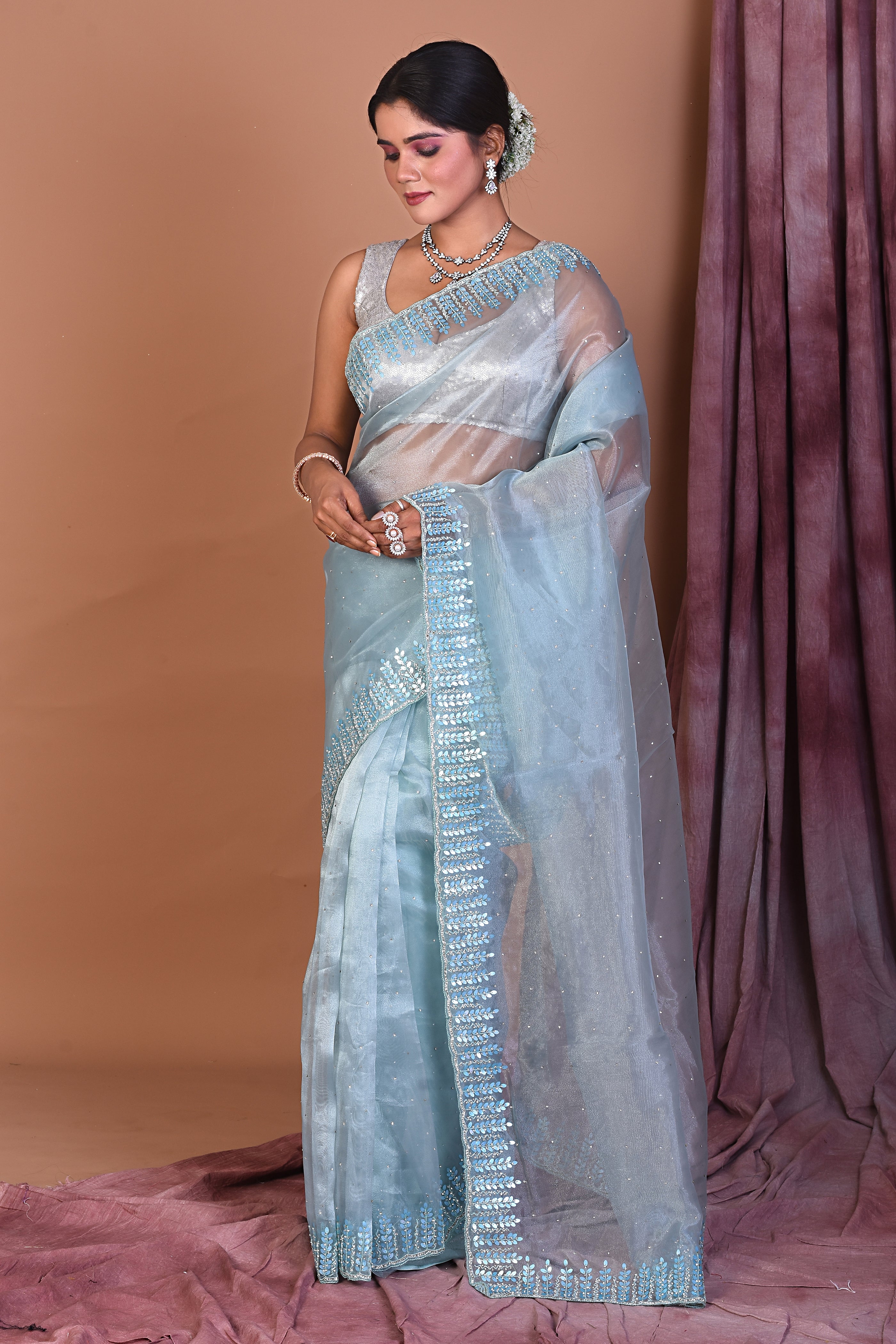 Sky Blue Jimmy Choo Saree with Stonework - Keya Seth Exclusive