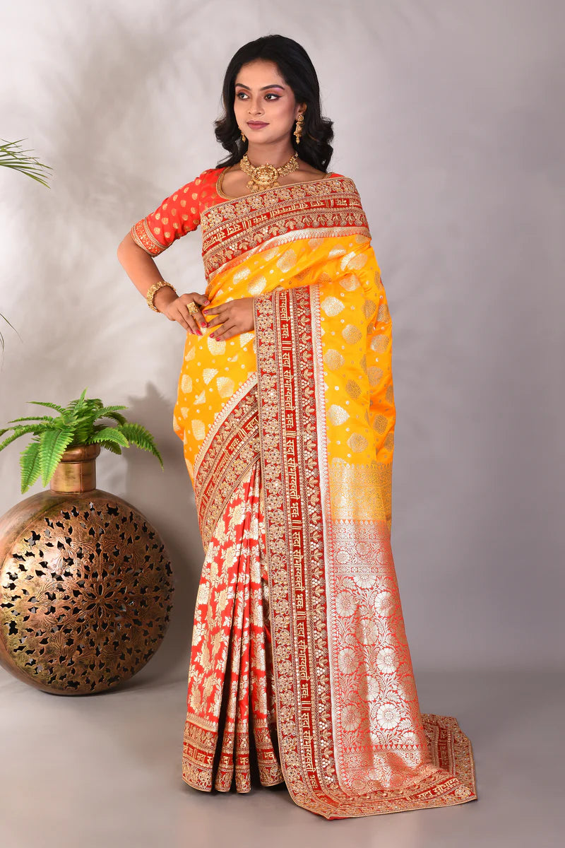 Yellow and Red Pure Katan Banarasi Saree - Keya Seth Exclusive
