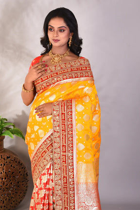 Yellow and Red Pure Katan Banarasi Saree - Keya Seth Exclusive