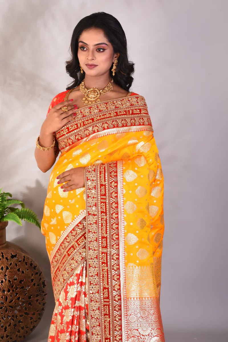Yellow and Red Pure Katan Banarasi Saree - Keya Seth Exclusive