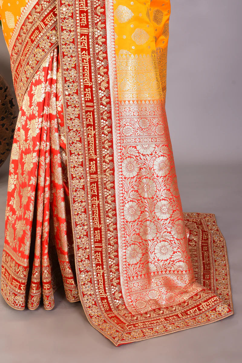 Yellow and Red Pure Katan Banarasi Saree - Keya Seth Exclusive