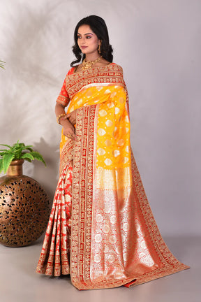Yellow and Red Pure Katan Banarasi Saree - Keya Seth Exclusive