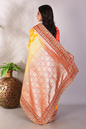 Yellow and Red Pure Katan Banarasi Saree - Keya Seth Exclusive