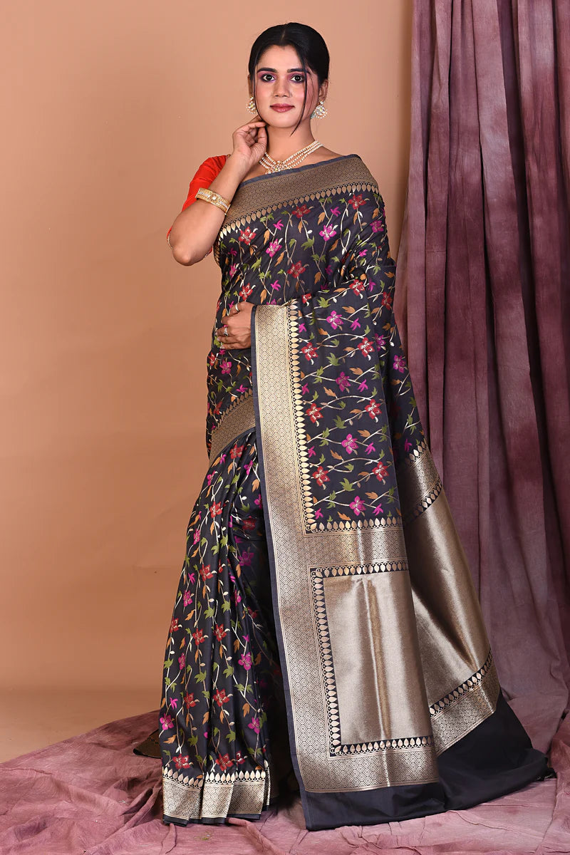 Black Blended Katan Saree with Golden Borders - Keya Seth Exclusive
