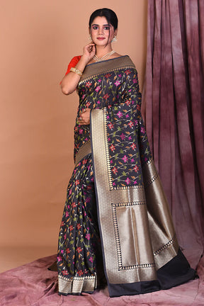 Black Blended Katan Saree with Golden Borders - Keya Seth Exclusive