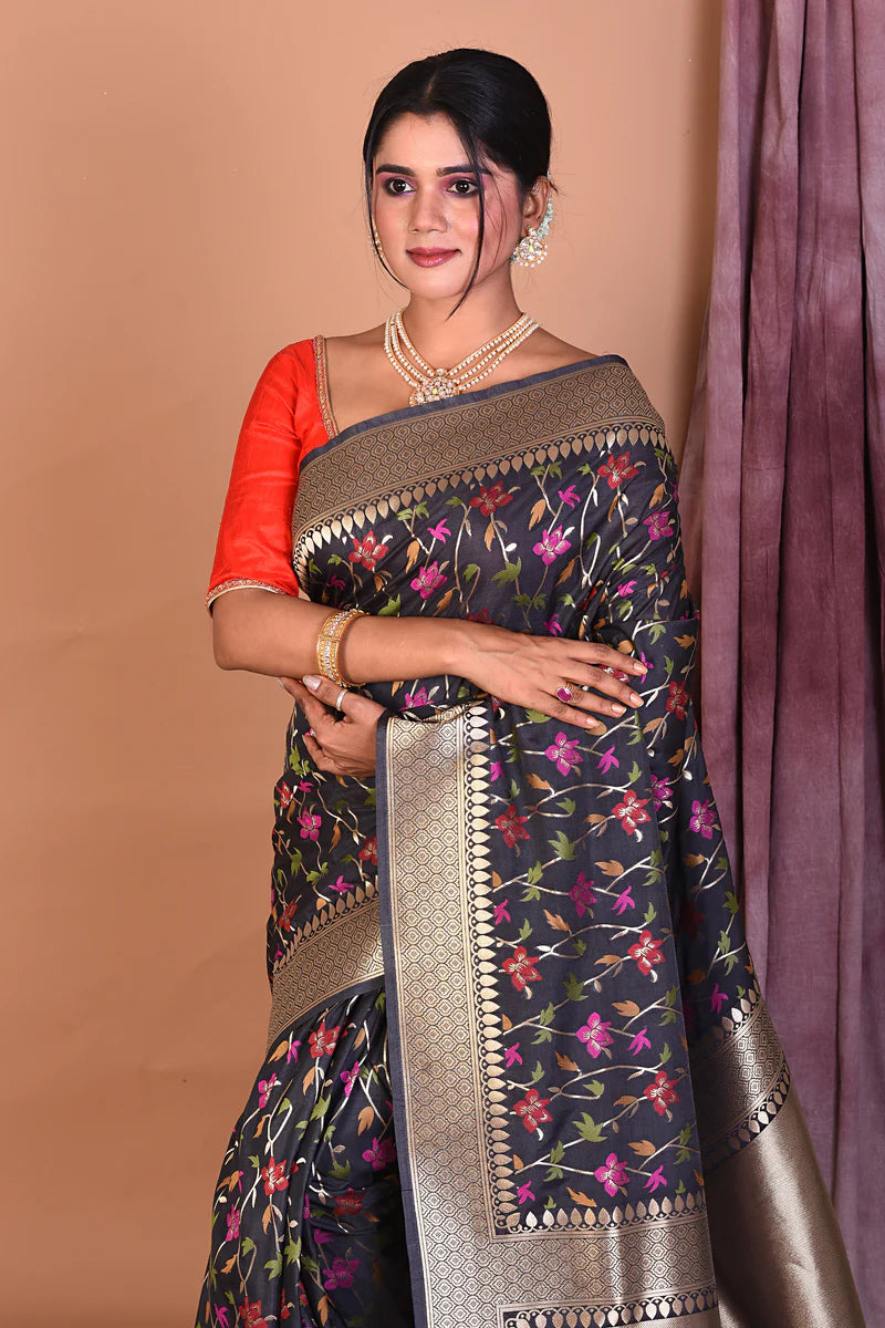 Black Blended Katan Saree with Golden Borders - Keya Seth Exclusive