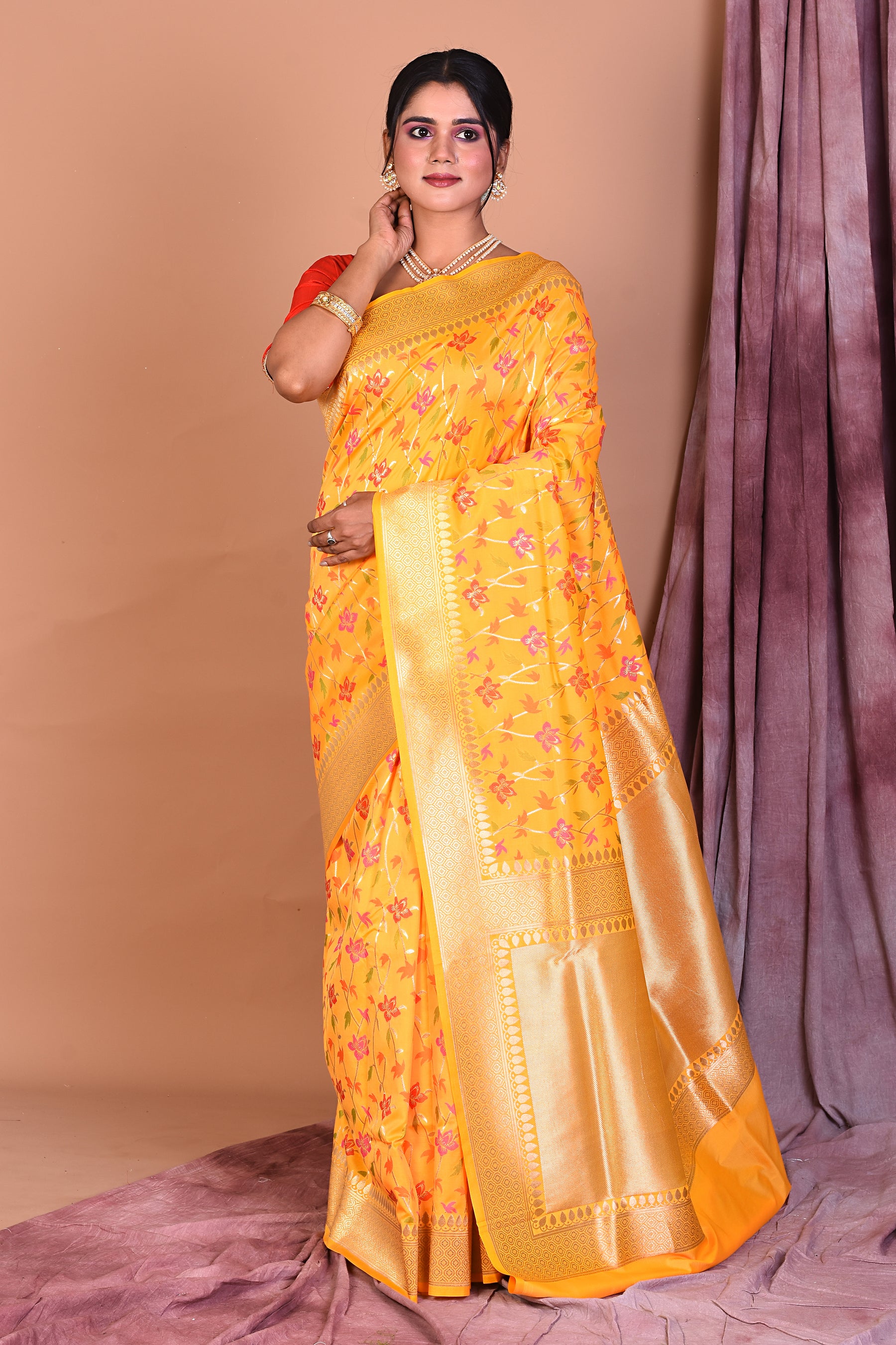 Yellow Blended Katan Saree with Golden Borders - Keya Seth Exclusive