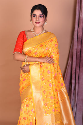 Yellow Blended Katan Saree with Golden Borders - Keya Seth Exclusive