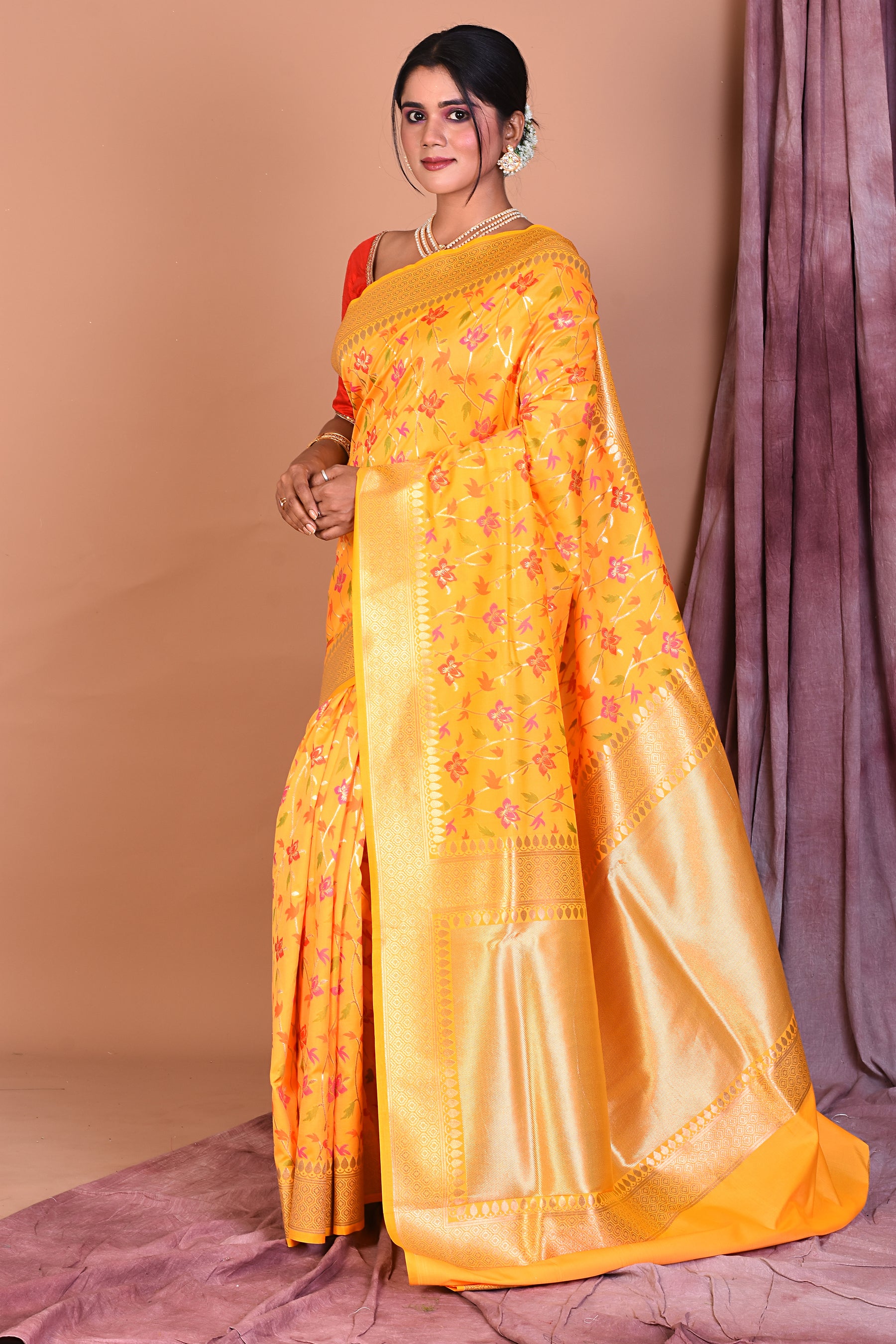 Yellow Blended Katan Saree with Golden Borders - Keya Seth Exclusive