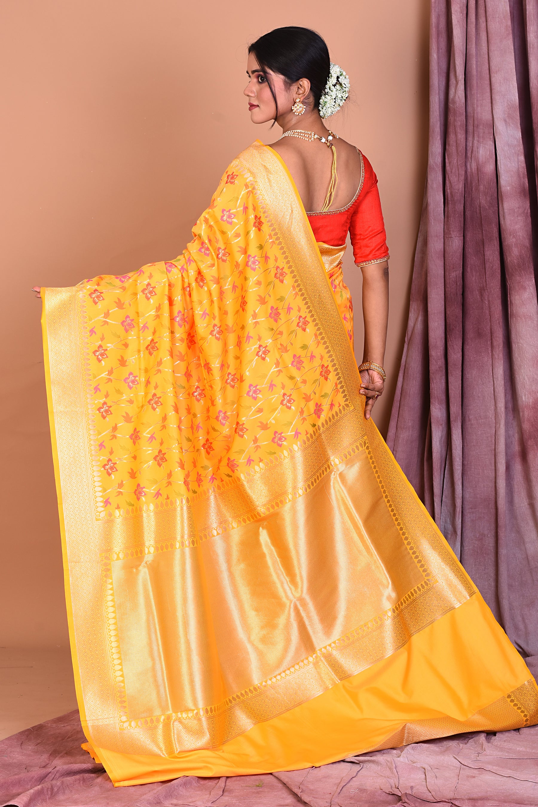 Yellow Blended Katan Saree with Golden Borders - Keya Seth Exclusive