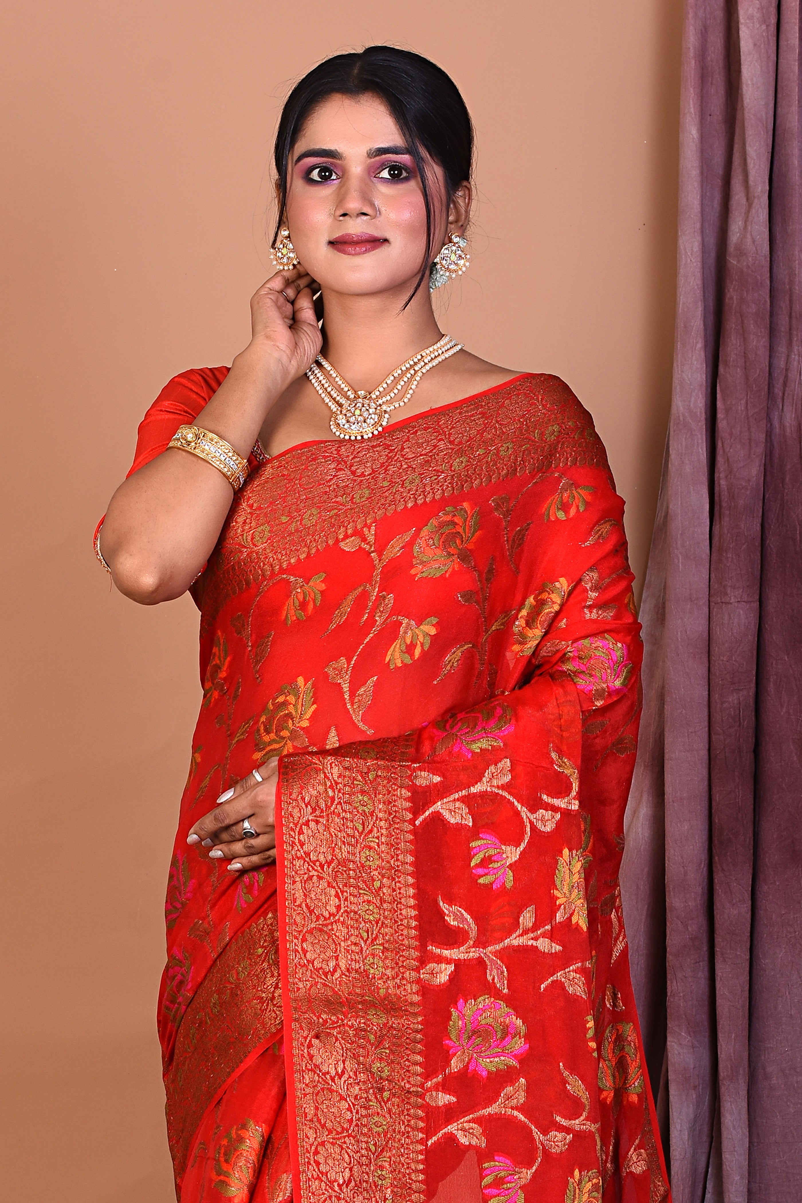 Red Pure Khaddi Georgette Saree - Keya Seth Exclusive