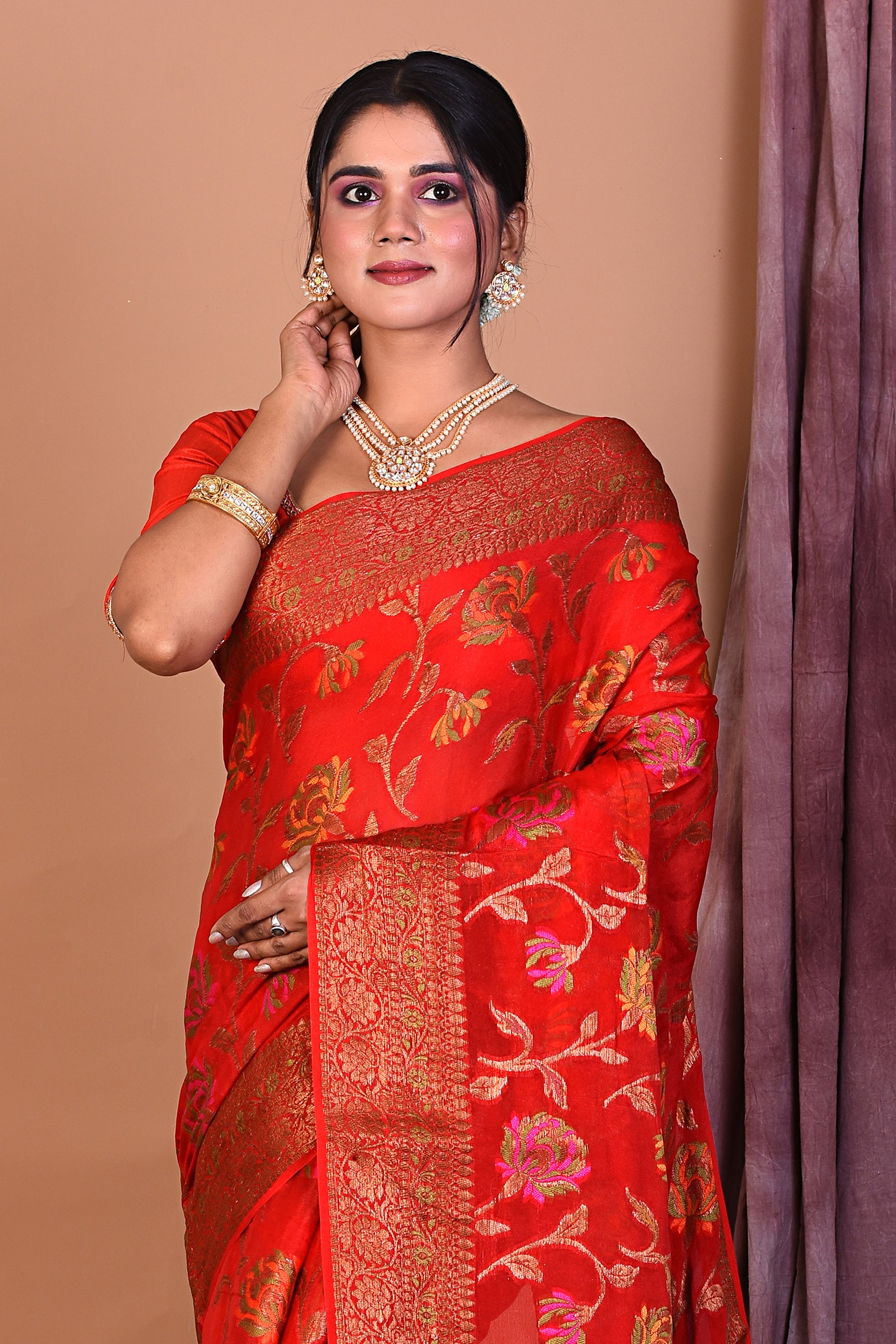 Red Pure Khaddi Georgette Saree - Keya Seth Exclusive