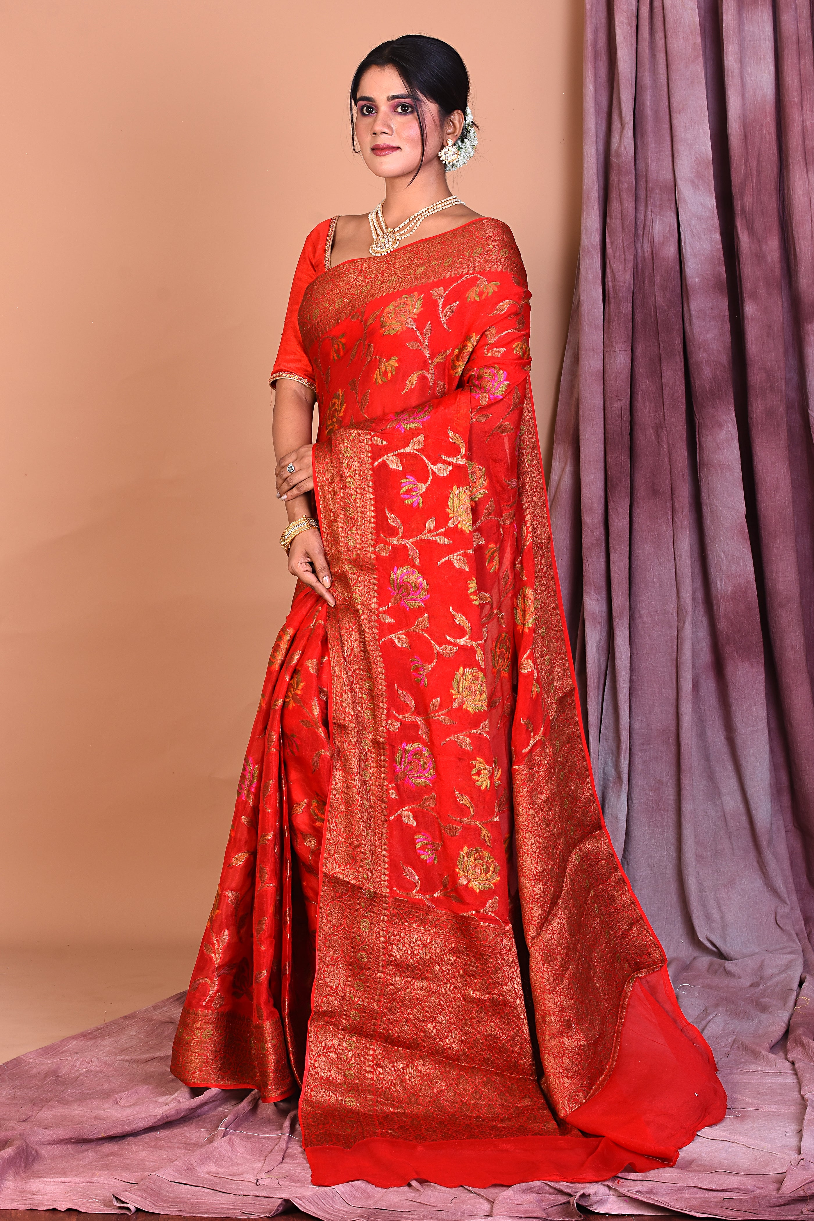 Red Pure Khaddi Georgette Saree - Keya Seth Exclusive