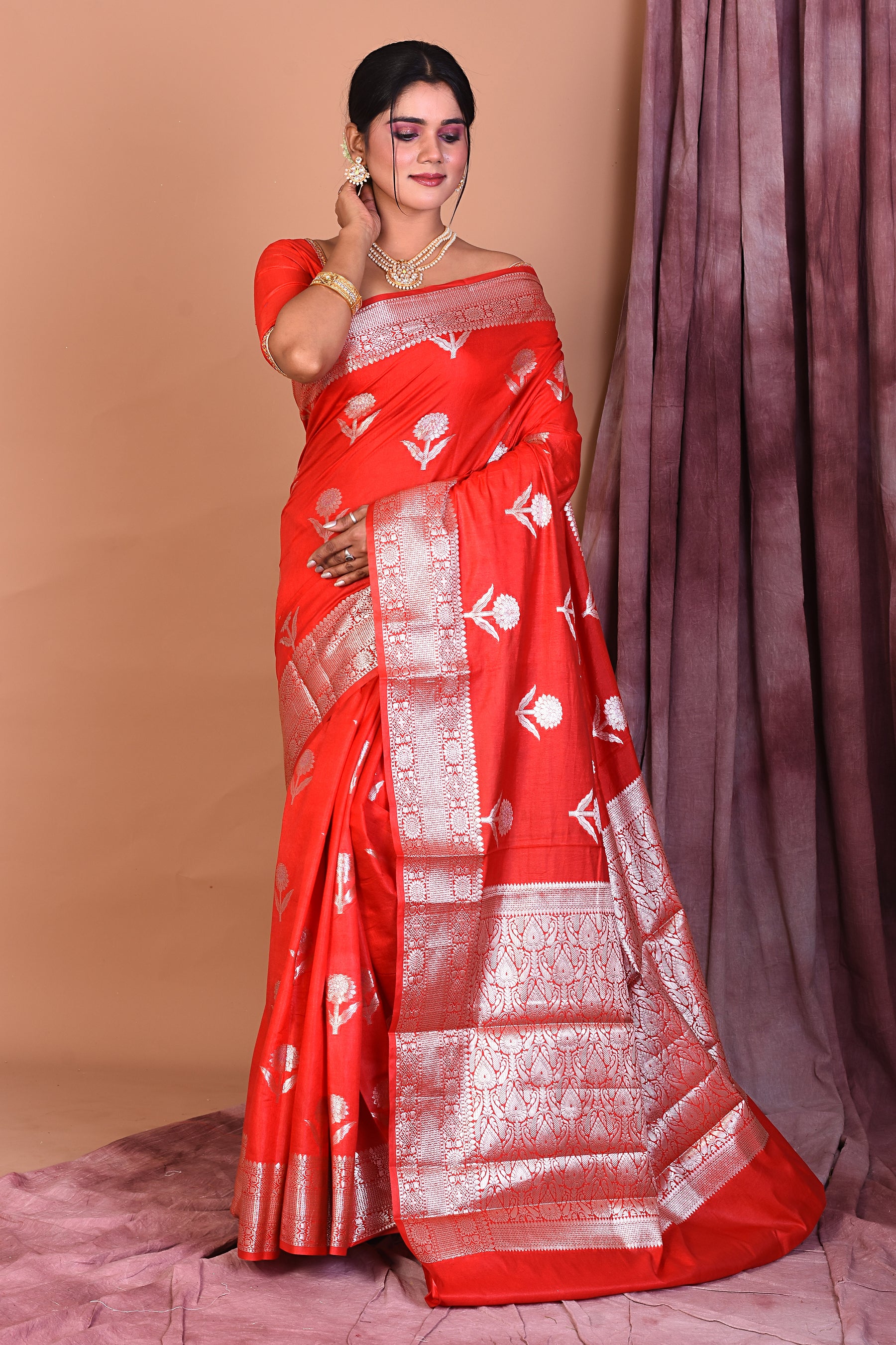 Red Blended Katan Saree with Golden Zari - Keya Seth Exclusive