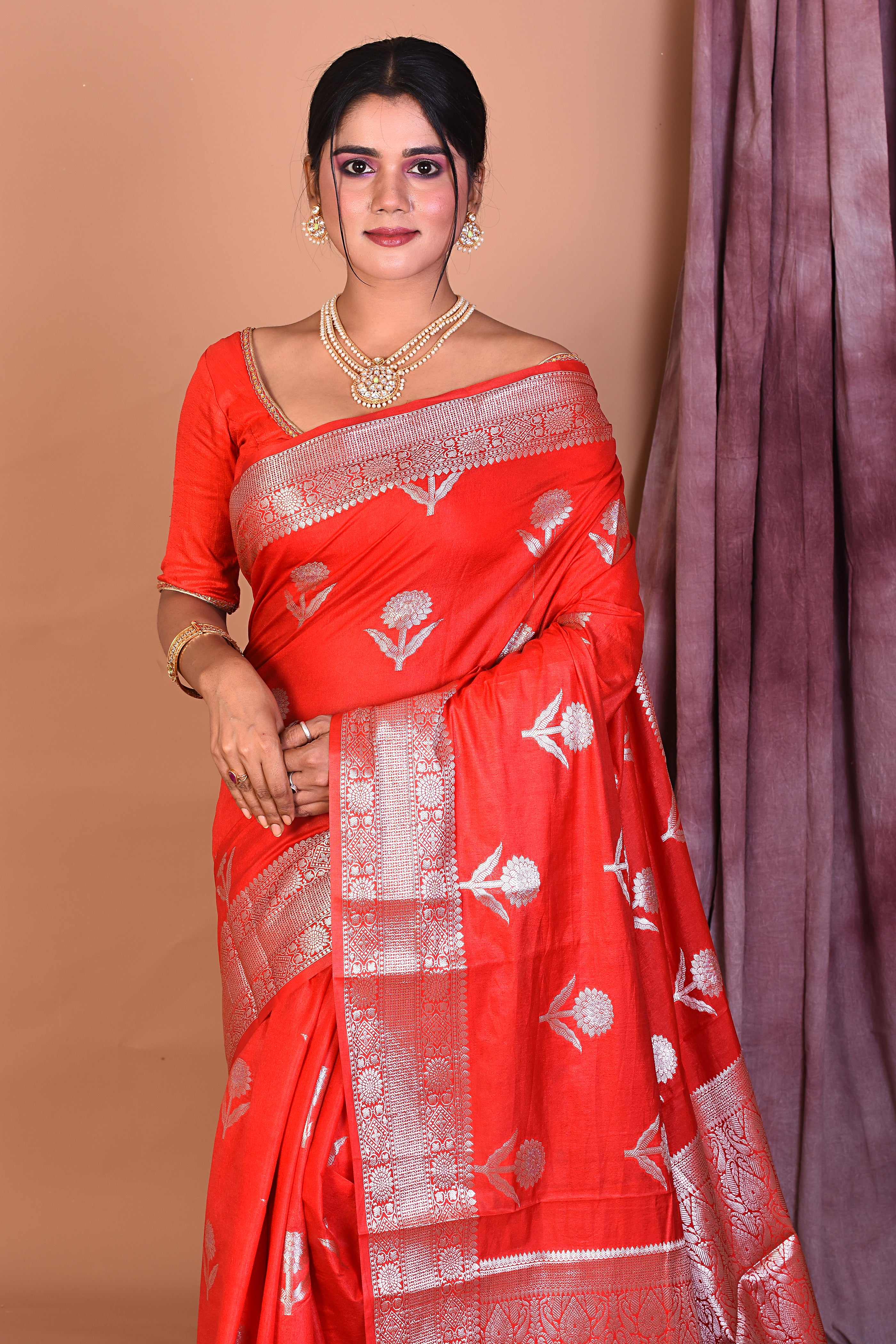 Red Blended Katan Saree with Golden Zari - Keya Seth Exclusive