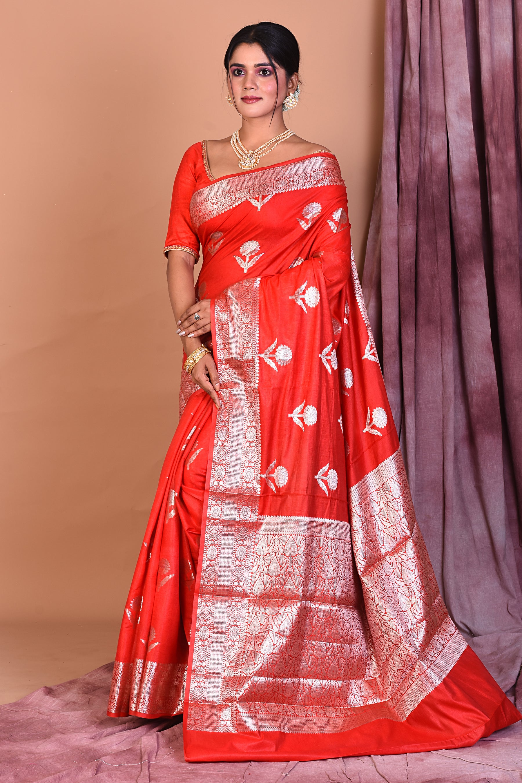 Red Blended Katan Saree with Golden Zari - Keya Seth Exclusive