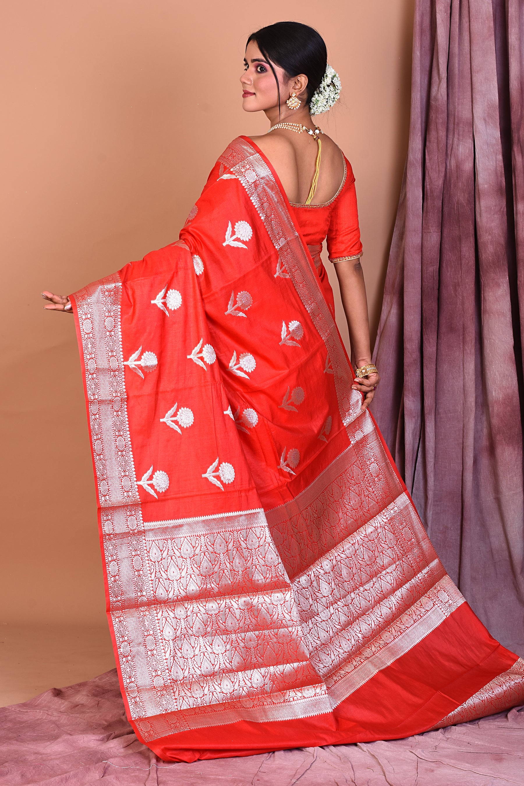 Red Blended Katan Saree with Golden Zari - Keya Seth Exclusive