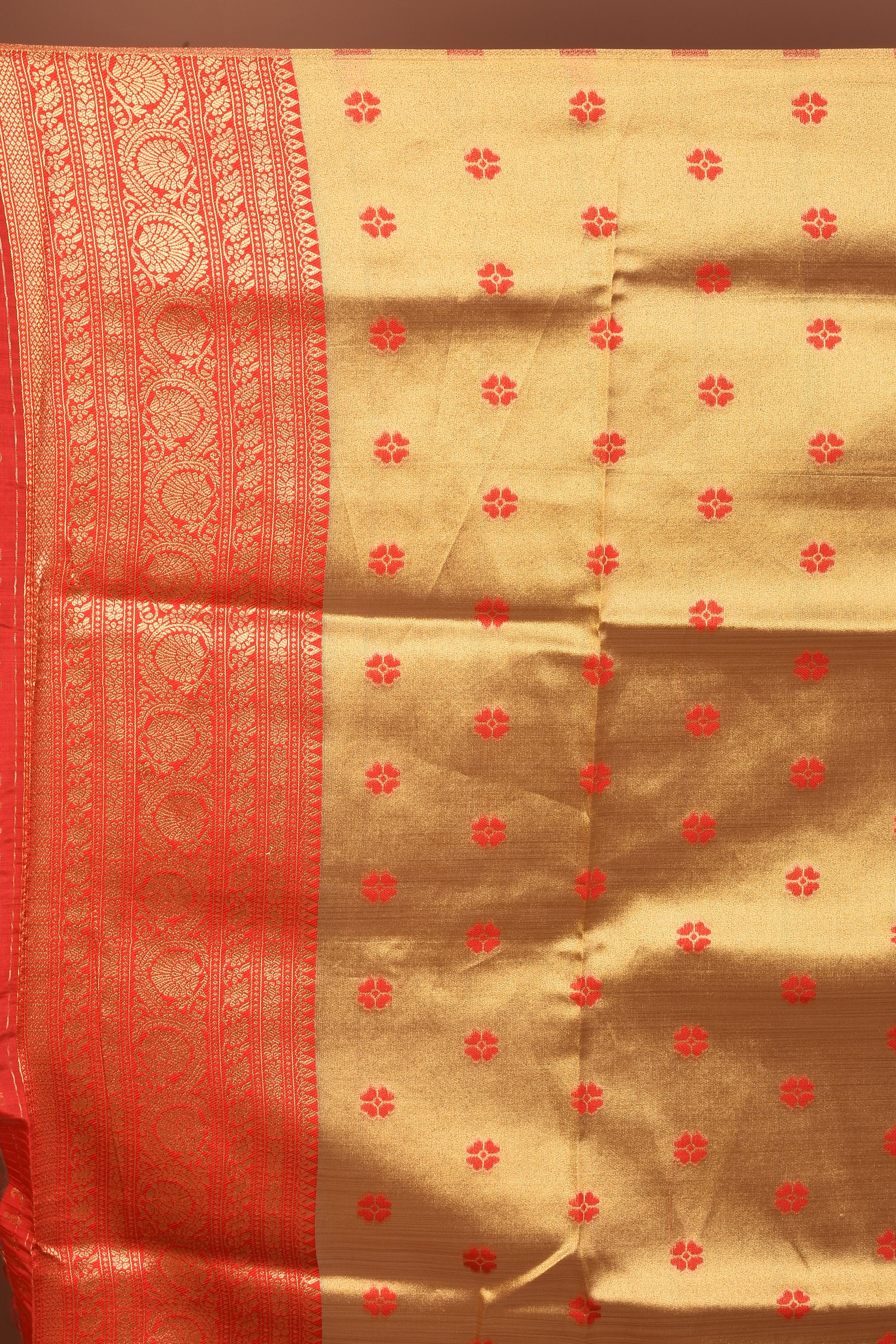 Golden Blended Organza Saree with Red Borders - Keya Seth Exclusive