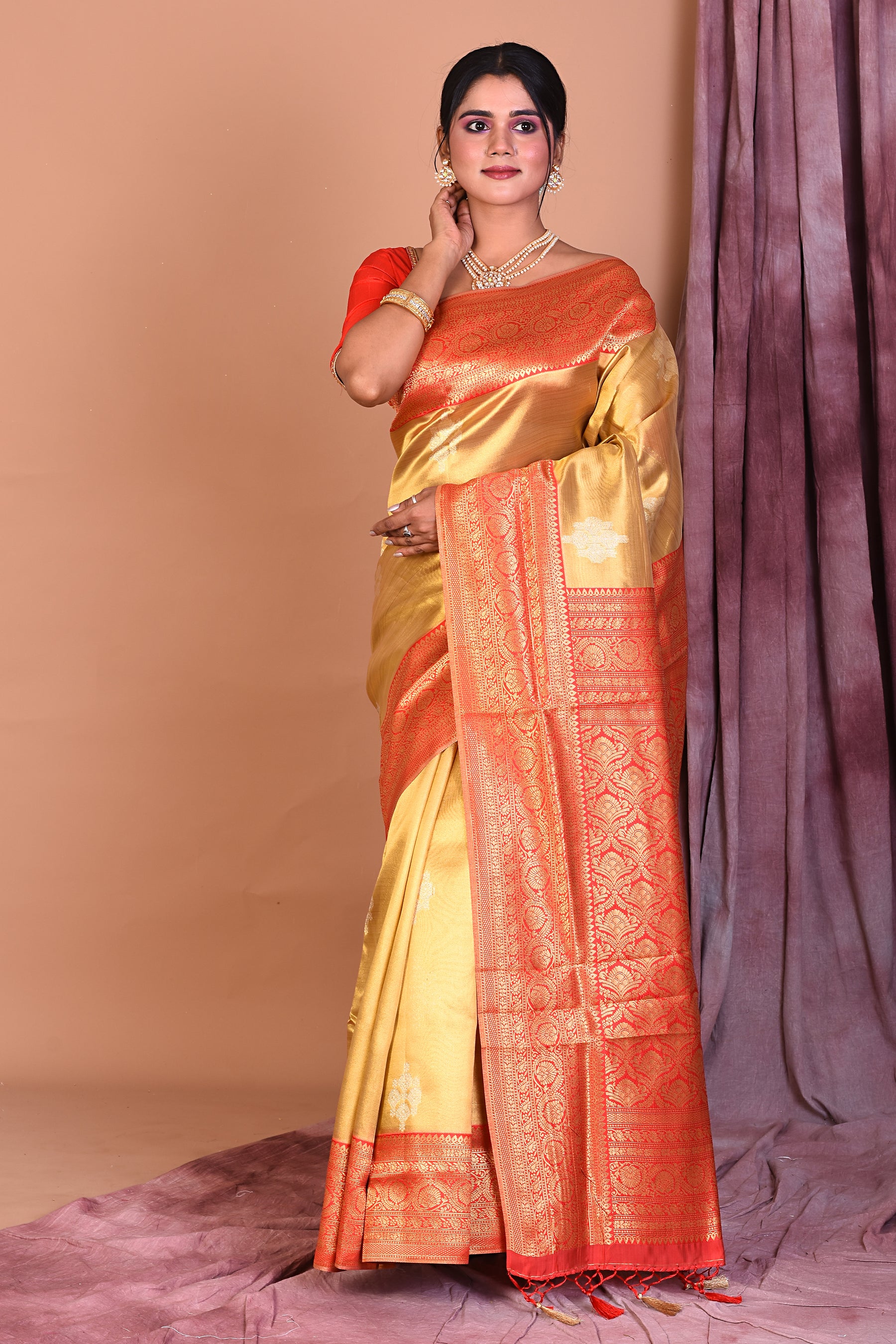 Golden Blended Organza Saree with Red Borders - Keya Seth Exclusive