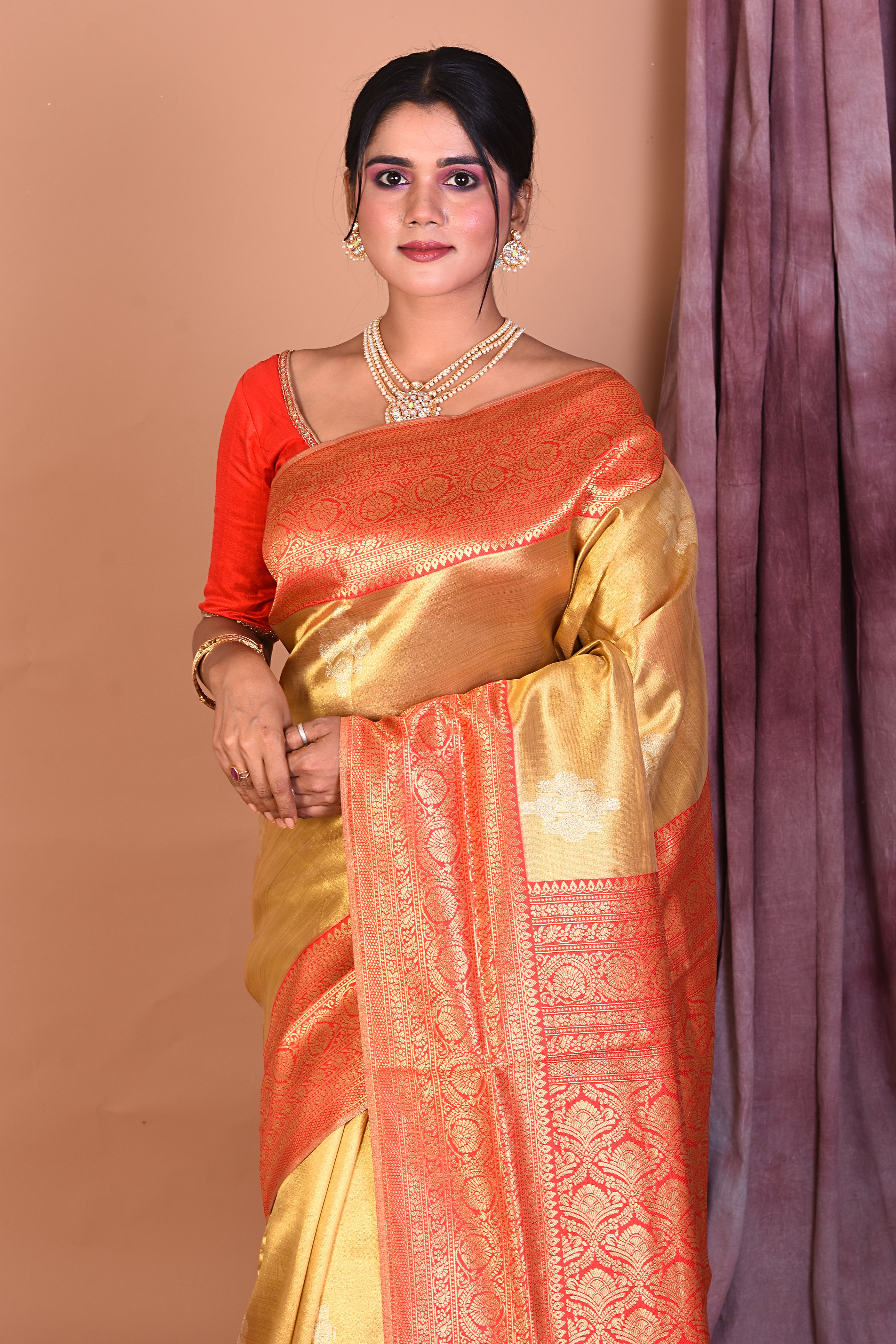 Golden Blended Organza Saree with Red Borders - Keya Seth Exclusive