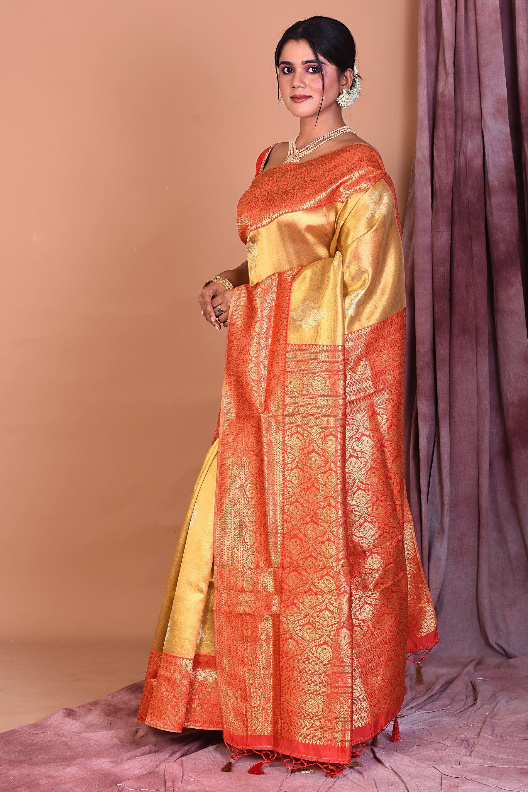 Golden Blended Organza Saree with Red Borders - Keya Seth Exclusive