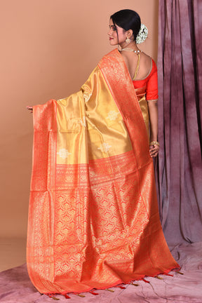 Golden Blended Organza Saree with Red Borders - Keya Seth Exclusive