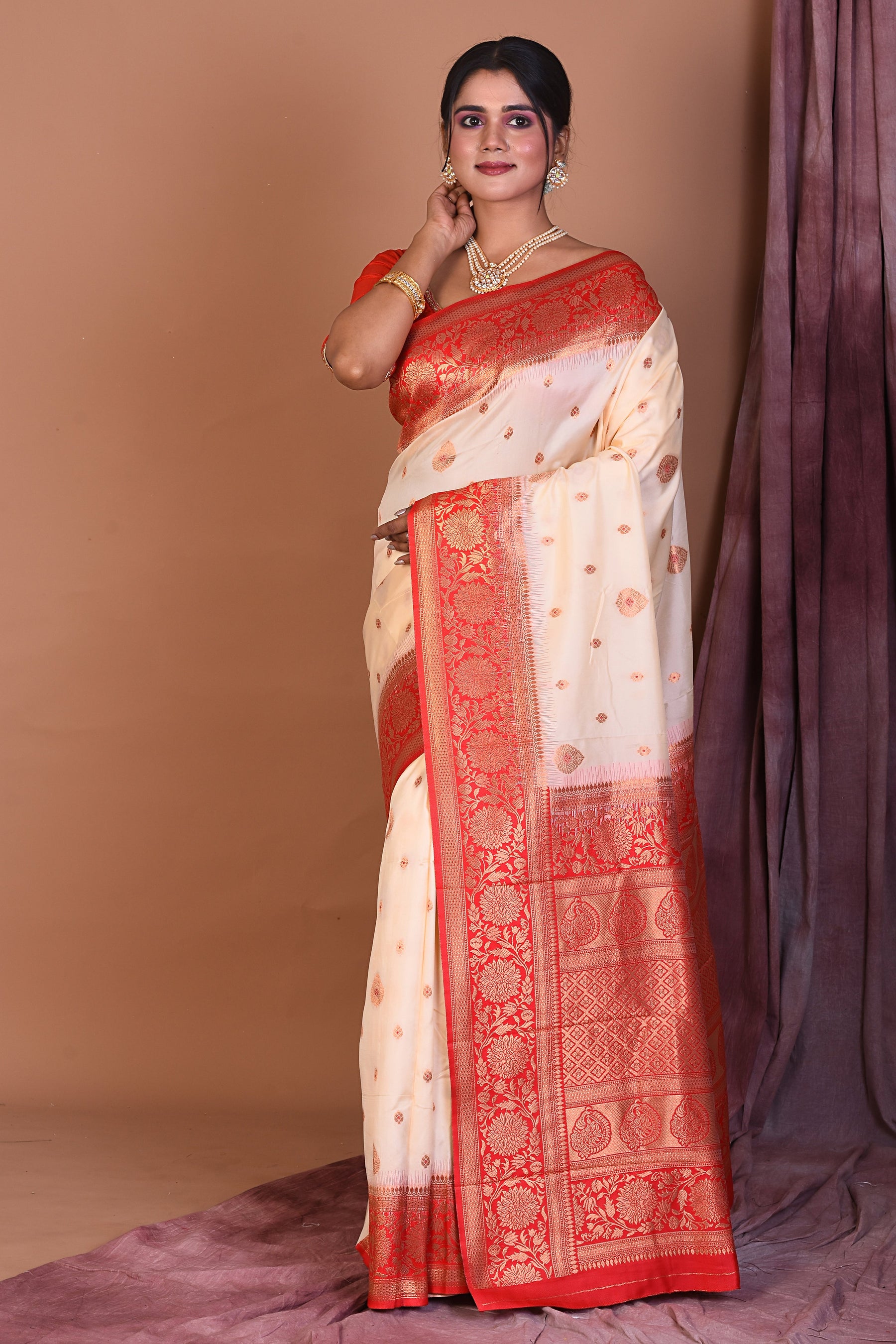 Designer Off-white Art Silk Saree with Red Borders - Keya Seth Exclusive