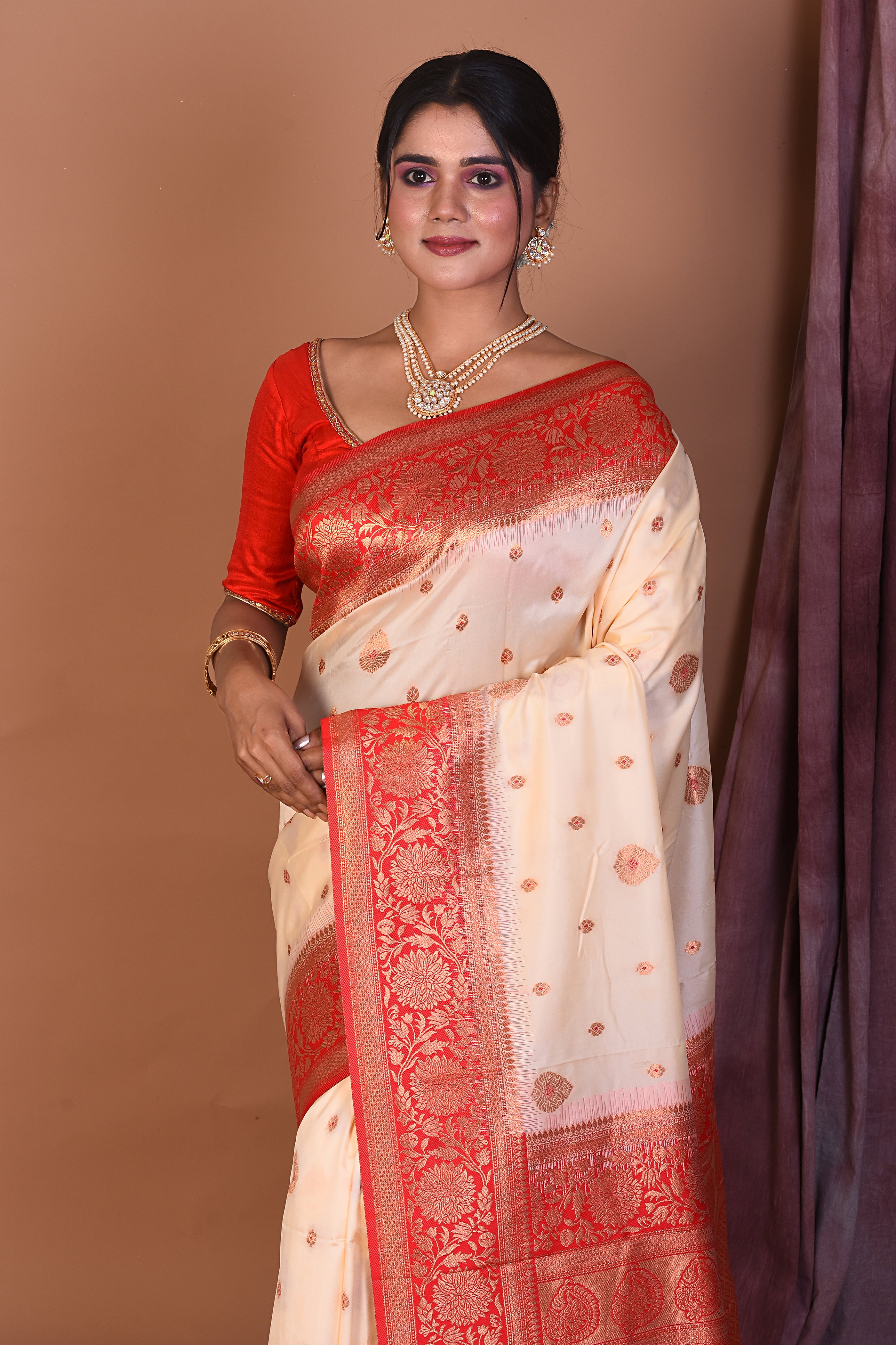 Designer Off-white Art Silk Saree with Red Borders - Keya Seth Exclusive